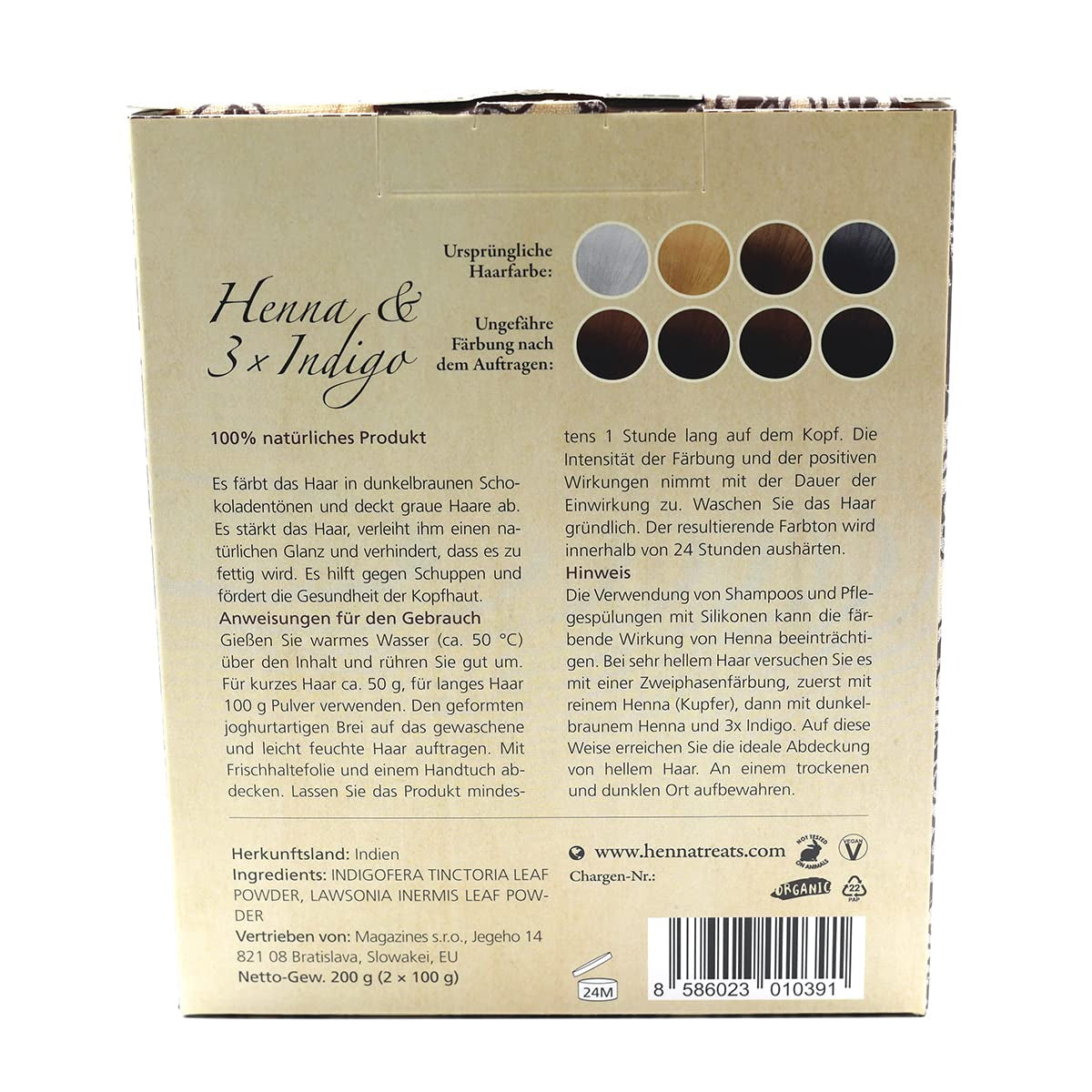 Henna & 3×Indigo – Dunkle Kastanie – Natürliche Haarfarbe – Pulver – 200 g Haarfärbemittel Naty Shop