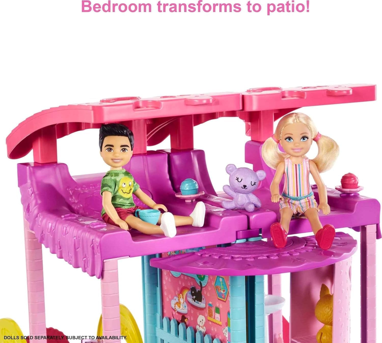 Barbie Chelsea Spielhaus – 3 verwandelnde Etagen, geheime Spielbereiche, Aufzug, Pool, Rutsche, 2 Haustiere und mehr als 20 Zubehörteile, ab 3 Jahren, HHX44