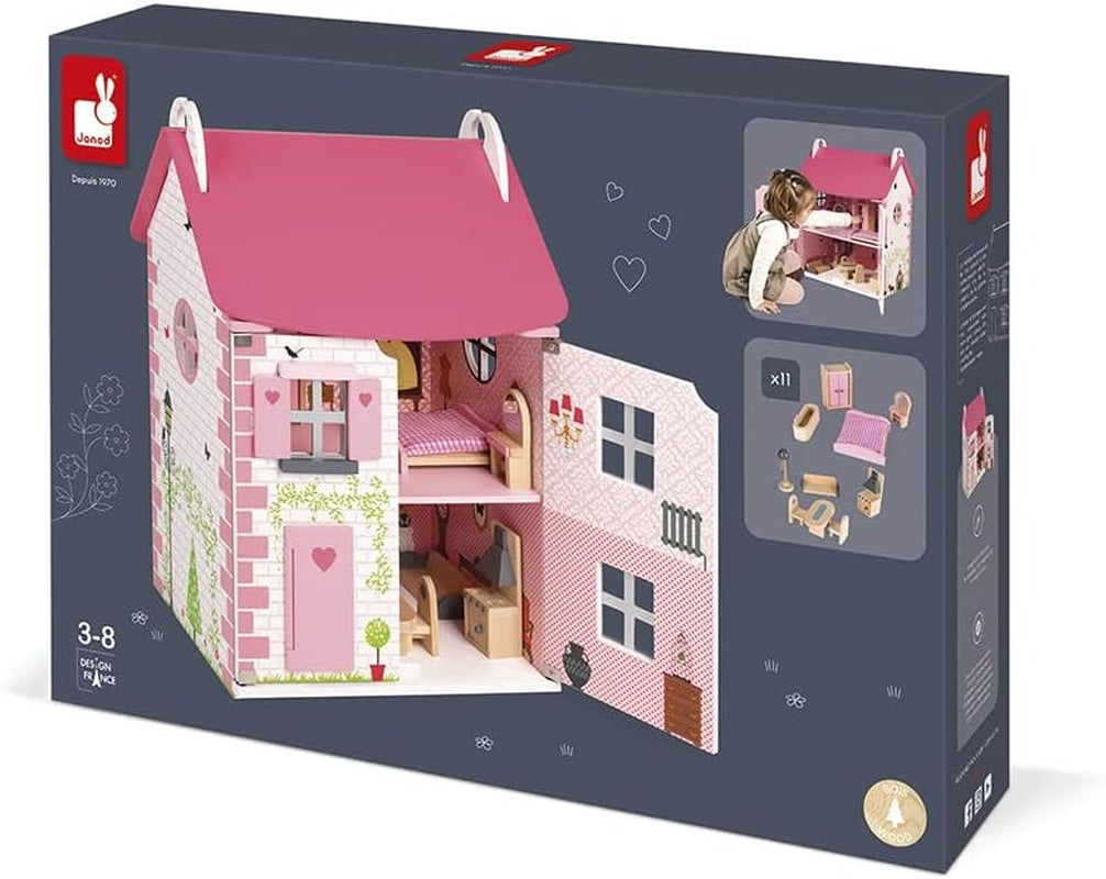 Janod - Mademoiselle Puppenhaus aus Holz, 3 Etagen und 11 Zubehörteile, Spielzeugnachbildung, fördert die Fantasie, ab 3 Jahren, J06581, Pink Naty Shop Dollhouses