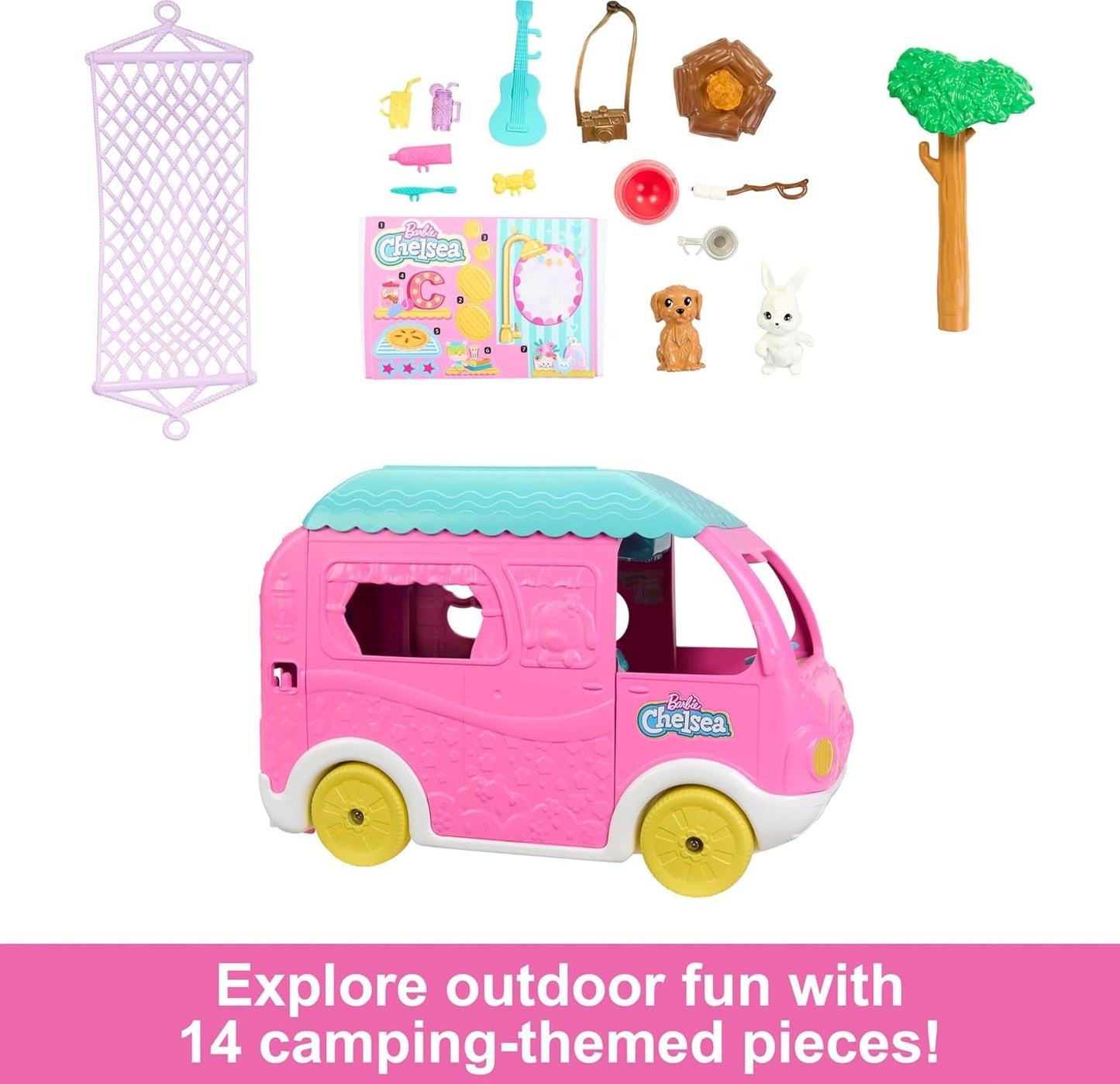 Barbie Chelsea 2-in-1-Wohnwagen – Spielzeugfahrzeug mit Pool, Hängematte und Essbereich für fantasievolles Spielen und Geschichtenerzählen, ab 3 Jahren, HNH90