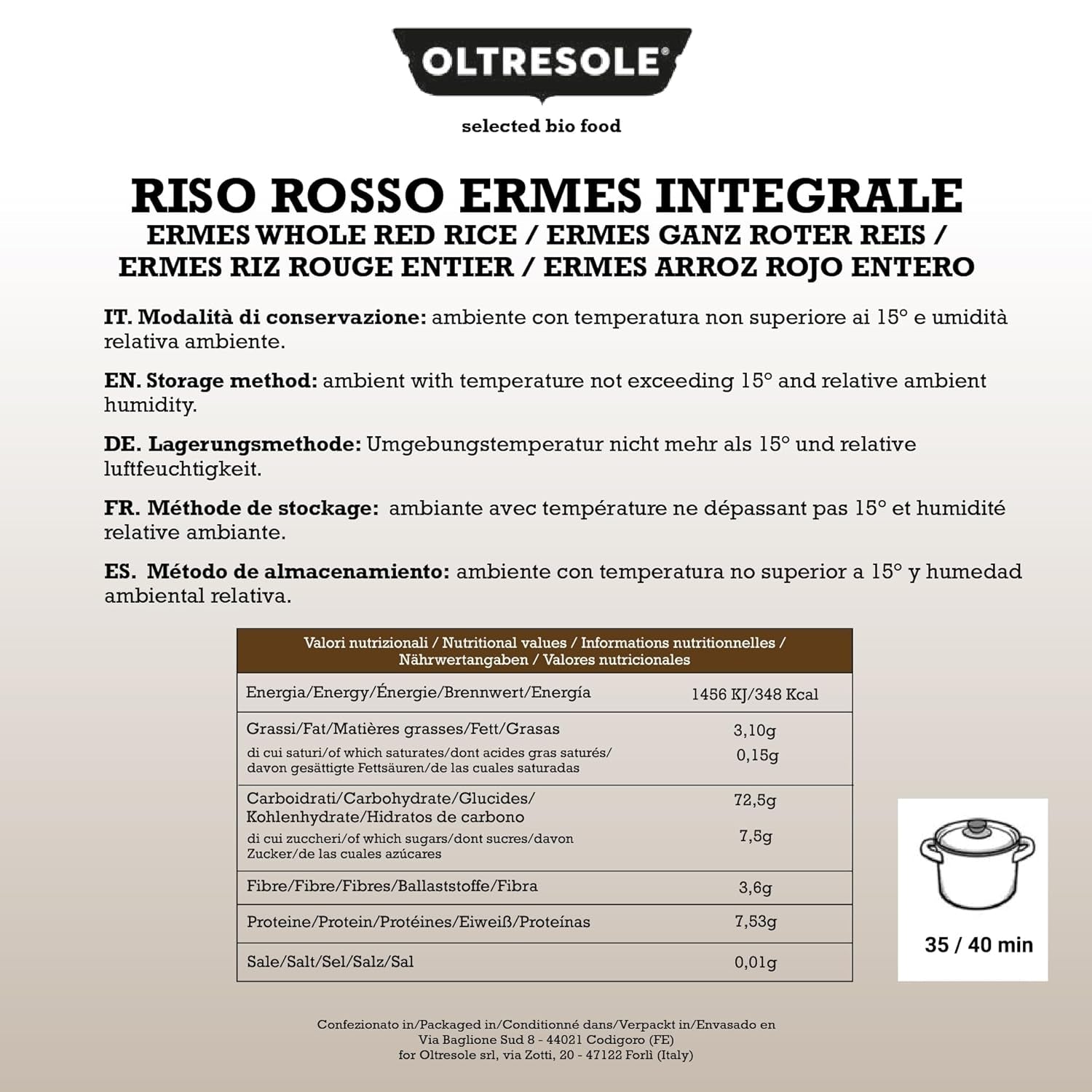 Italienischer Vollkornreis, unraffinierter Reis mit hohem Ballaststoffgehalt, ideal für kreative Reissalate und gesunde Gerichte, vakuumverpackt, 4 Packungen x 500 g