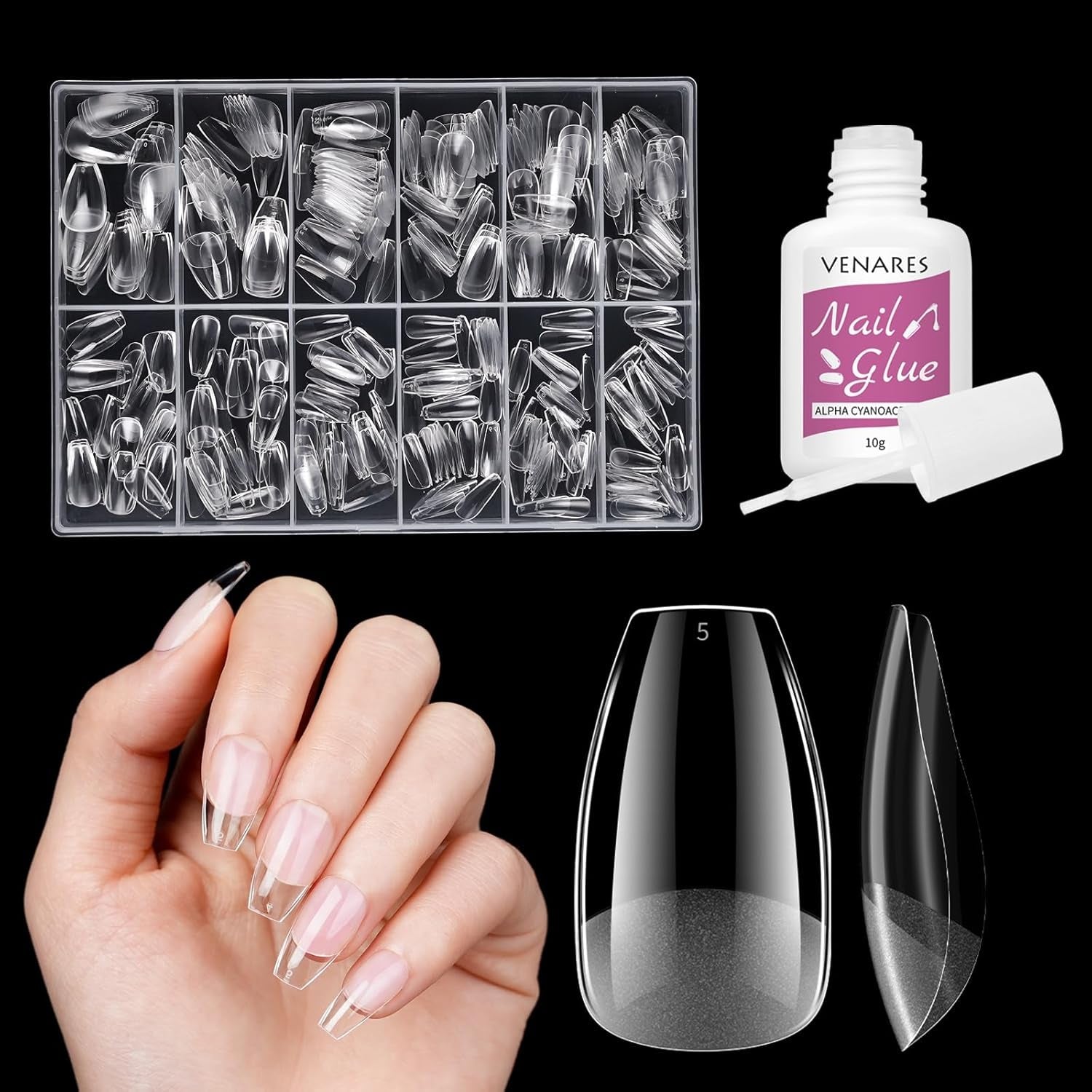 Kurze künstliche Nägel, Ballerina, 500 Stück, zum Aufkleben, 12 Größen, künstliche Nägel, kurze, weiche Gel-Nagelspitzen mit vollständiger Abdeckung für Gelnägel, kurz S