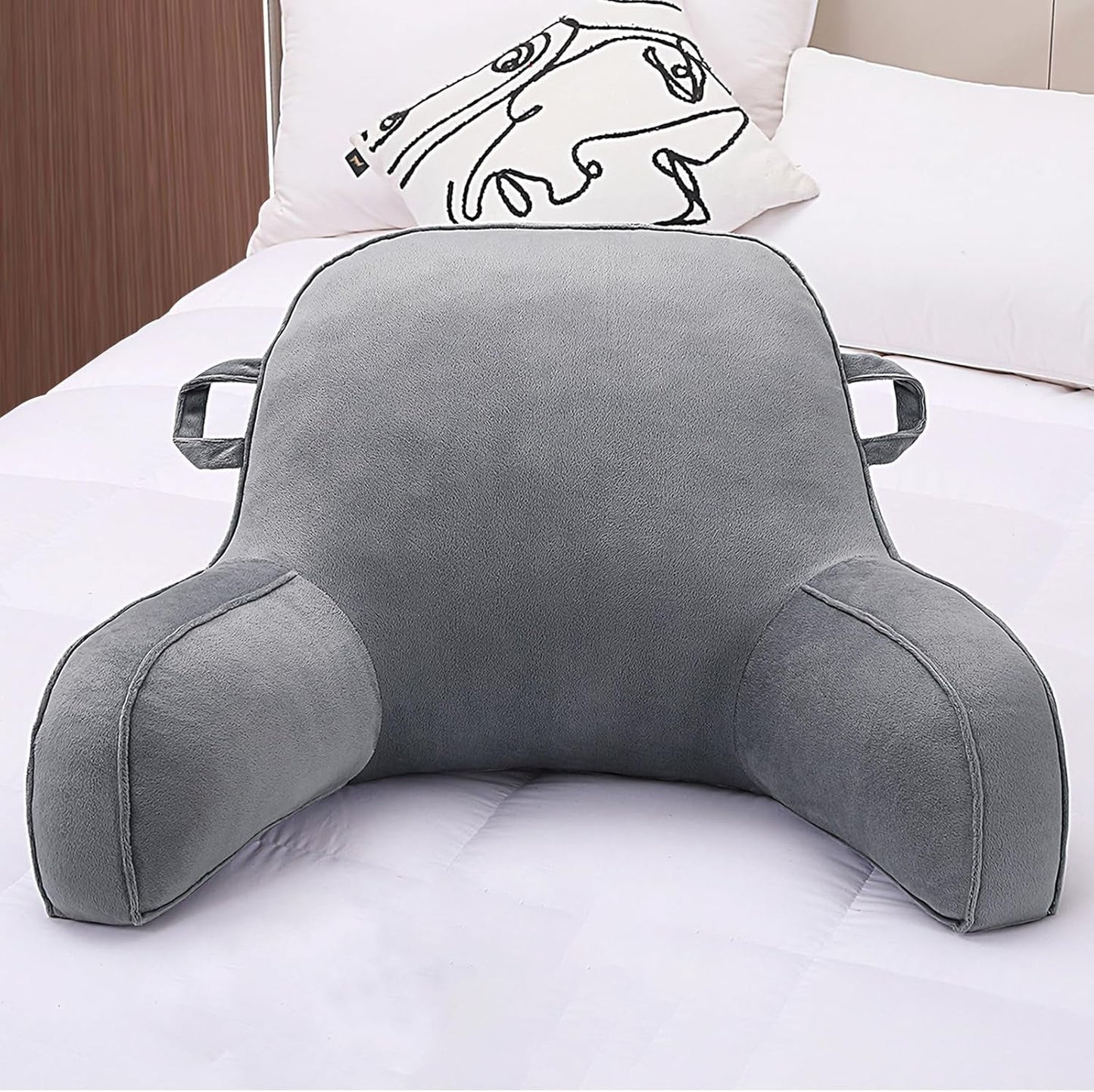 Lesekissen, Bettruhekissen für Erwachsene und Kinder, bequemes Samt-Rückenkissen mit Armlehnen, Taschen und Griff zum Sitzen im Bett, Rückenkissen zum Lesen, Lernen und Fernsehen