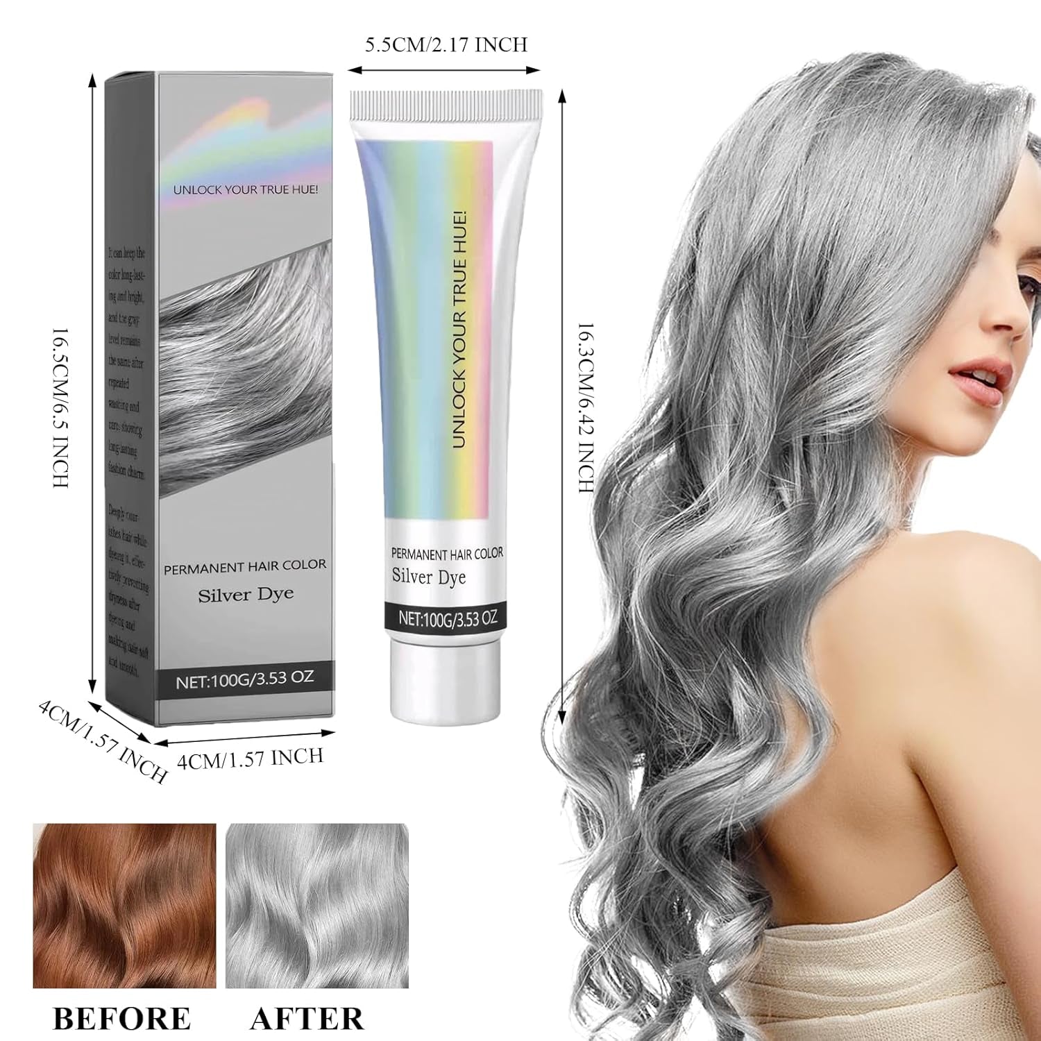 Haarfärbemittel Grau Silber Natürliche Haarfärbecreme für Silbergrau, Graue Haarfärbecreme Silbergrau, Silbergraue Naturhaarfärbecreme Graue Haarfärbemittel für alle Haartypen mit 1 Kopfhautmassagegerät (100 ml) Haarfärbemittel Naty Shop