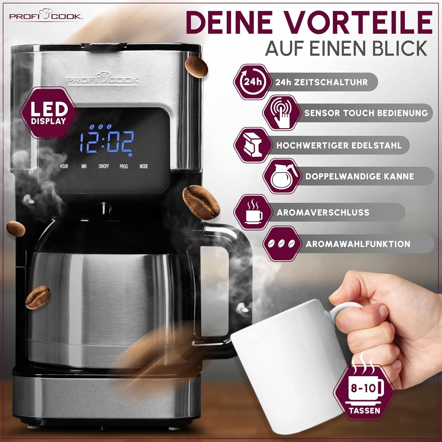 Kaffeemaschine Profi Cook | 8-10 Tassen | Timer | Sensor-Touch-Steuerung | 1,2 Liter doppelwandige Thermoskaraffe | Geschmackssiegel | Filterkaffeemaschine aus Edelstahl | PC-KA 1191
