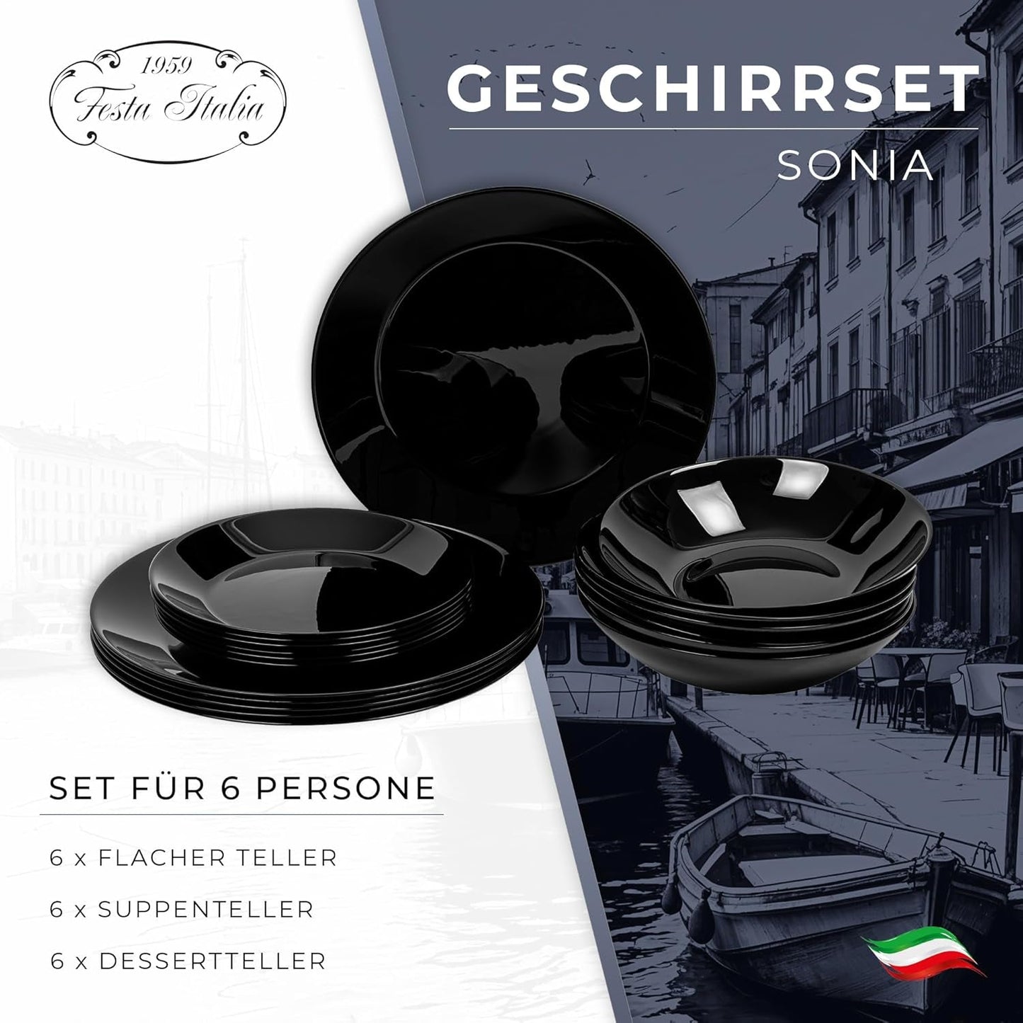 Geschirrset für 6 – 18 Teile – Geschirrset aus Opalglas – Geschirrset in Schwarz – Schüssel- und Tellerset – Modernes Geschirr – Teller – Tischservice – Geschirrset für 6