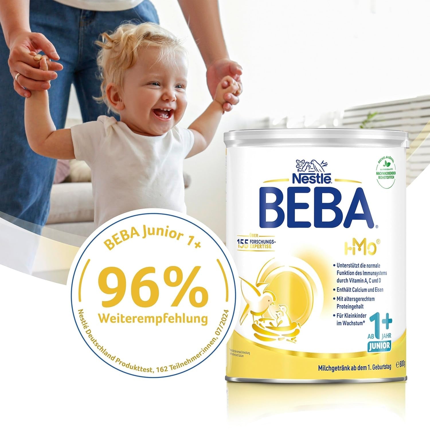 BEBA Junior 1+ Milchgetränk ab 1 Jahr, Mit HMO, Altersgerechter Proteingehalt, Nur Laktose, Ohne Palmöl, Ohne Fischöl, Kleinkindnahrung, Babymilchpulver, 3er Pack (3 x 800g)