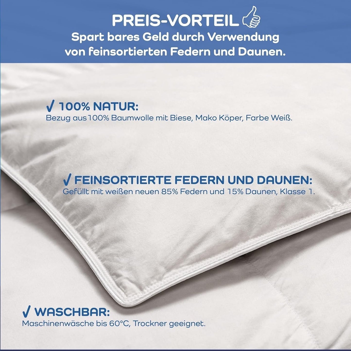 Allnights - Leichte Komfortbettdecke 135X200 100 % neue Federn und Daunen, für Allergiker geeignet, waschbar bis 60°C, hergestellt in Deutschland Bettdecken und Steppdecken Naty Shop