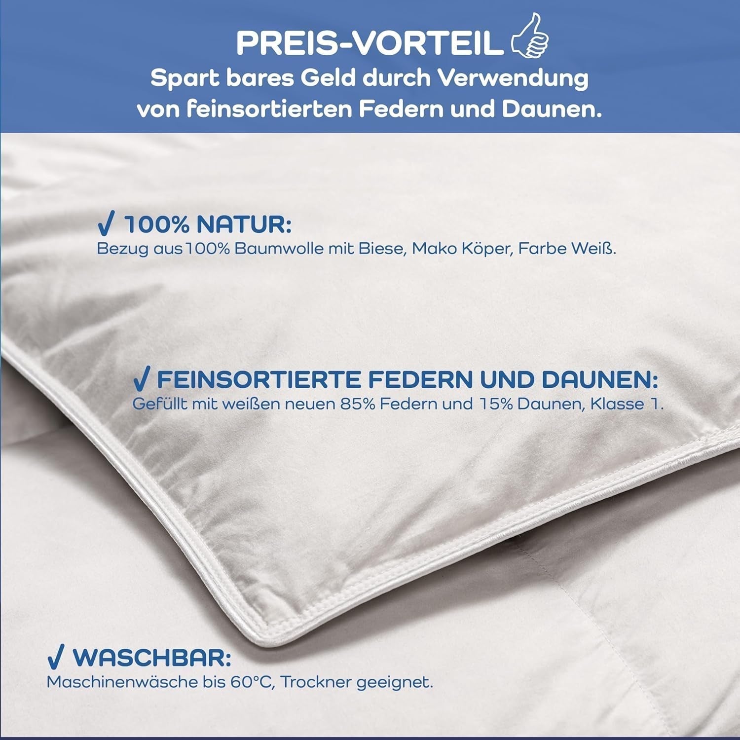 Allnights Schmusetuch, mittelgroß, 135 x 200 cm, 100 % neue Federn und Daunen, allergikerfreundlich, waschbar bis 60 °C, hergestellt in Deutschland, weiße Steppdecken und Steppdecken von Naty Shop