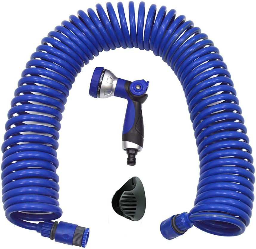 590078 – Spiralschlauchset, blau, 15 Meter (Durchmesser 9 mm) + Multifunktionspistole mit 8 Düsen + Automatik-Innengewinde mit ¾-½-Adapter + 2 Schnellkupplungen + Aufhängebügel