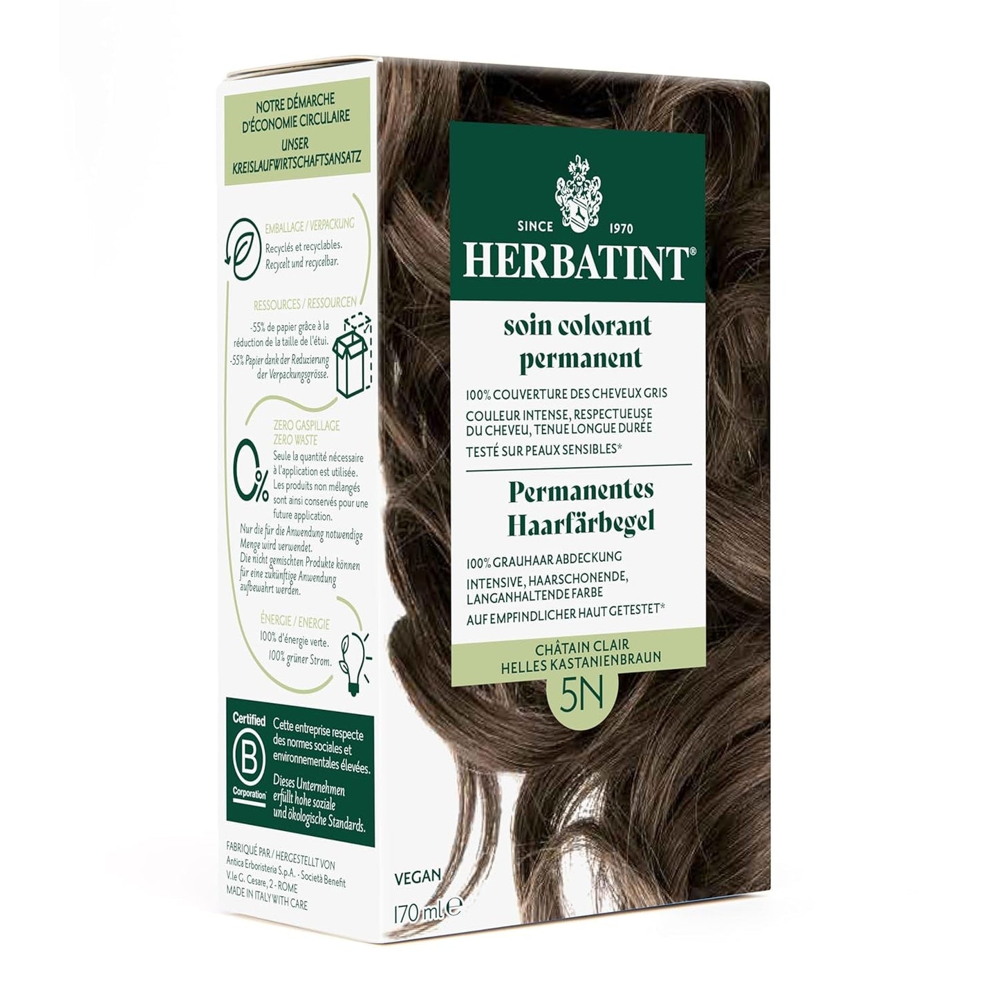 Permanentes Haarfärbegel 6N Dunkelblond – 170 ml I Ammoniakfrei, 100 % Abdeckung von grauem Haar I Getestet auf empfindlicher Haut, mit 8 Pflanzenextrakten Haarfärbemittel Naty Shop 5N Hellkastanie