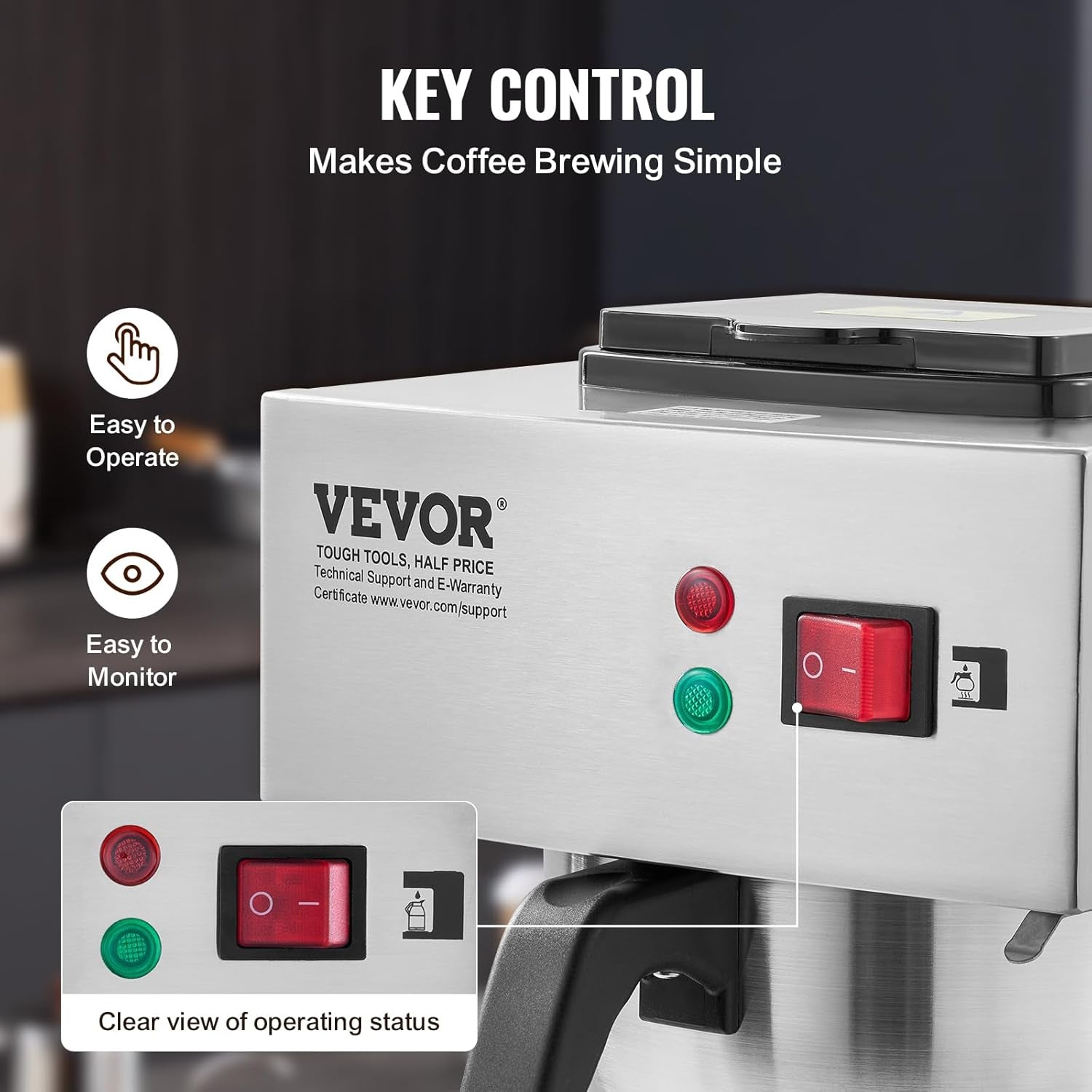 VEVOR Kommerzieller 12-Tassen-Filter-Espressokocher mit 3 Glaskaraffen und 3 Heizplatten, Edelstahl-Espressomaschine mit automatischer Wasserversorgung für Restaurant, Büro, Café