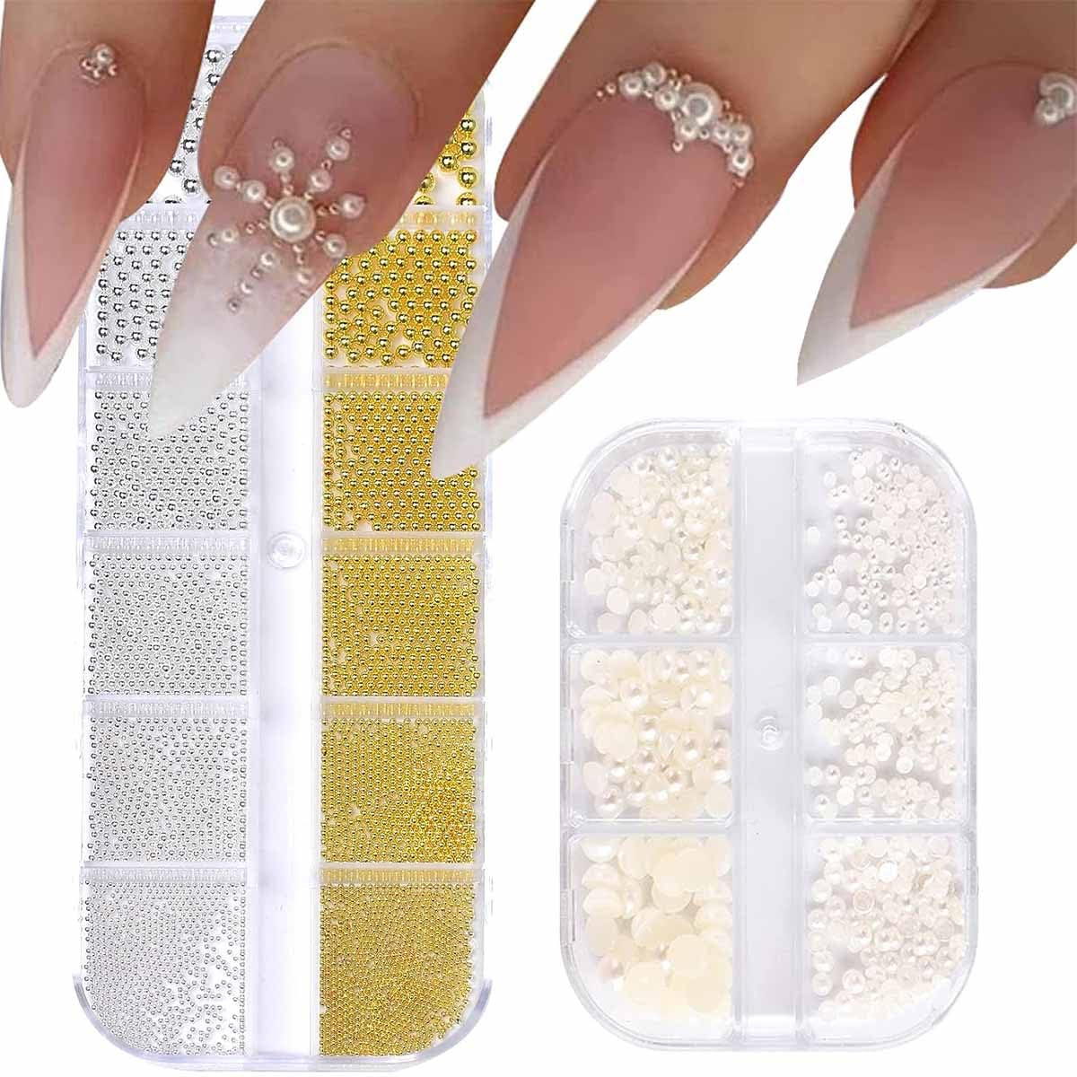 GZMAYUEN Nail Art Perlen Micro Caviar Für Nägel, 0.3-3Mm Goldene Silber Mini Caviar Strasssteine, Weiß Beige Mini Nägel Perlen Mikroperlen Dekor Für Nägel