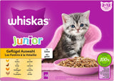WHISKAS Junior Nassfutterbeutel, Multipack, Auswahl an Geflügelfleisch in Gelee, 12 x 85 g