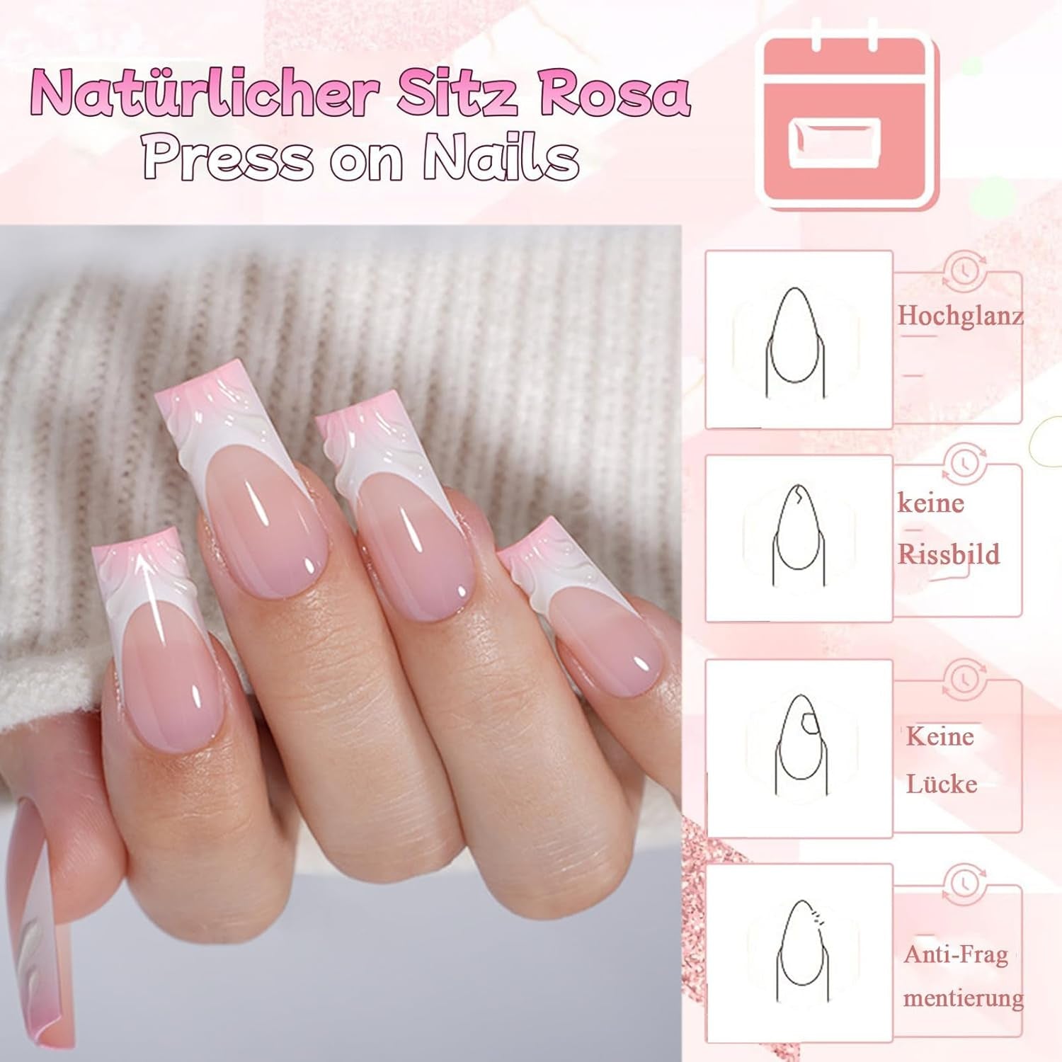 30 Stück französische künstliche Nägel – zum Aufkleben auf künstliche Nägel – weiche Gelnägel für Frauen – selbstklebende Acrylnägel, quadratische Maniküre (französisches Rosa)