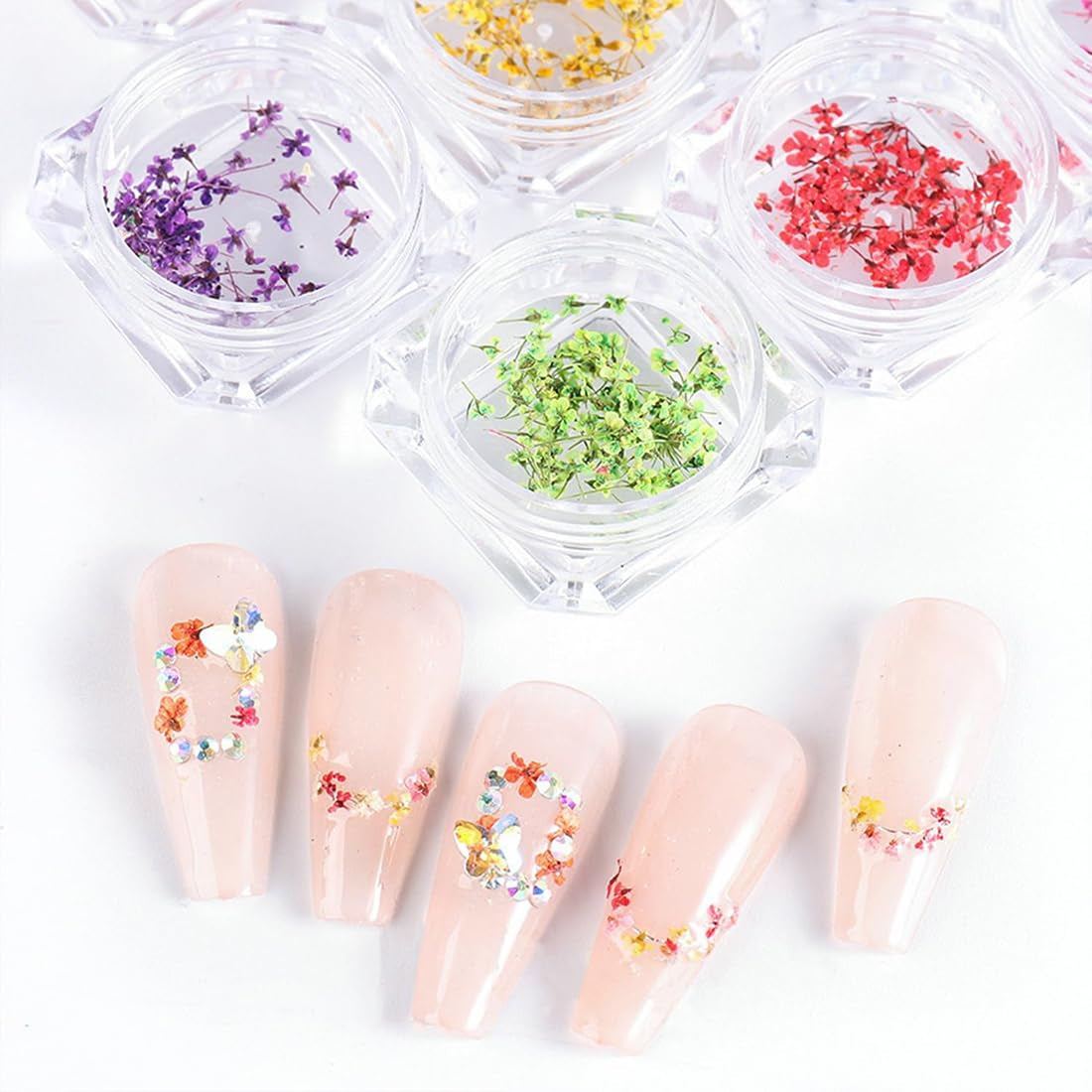 EYVRPAU 6 Stück Nail Art Flowers Set Dekoration, Gelnägel Zubehör 6 Farben, Nail Art Aufkleber Trockene Blumen Kit Getrocknete Blumen Zubehör Set DIY Nageldekoration