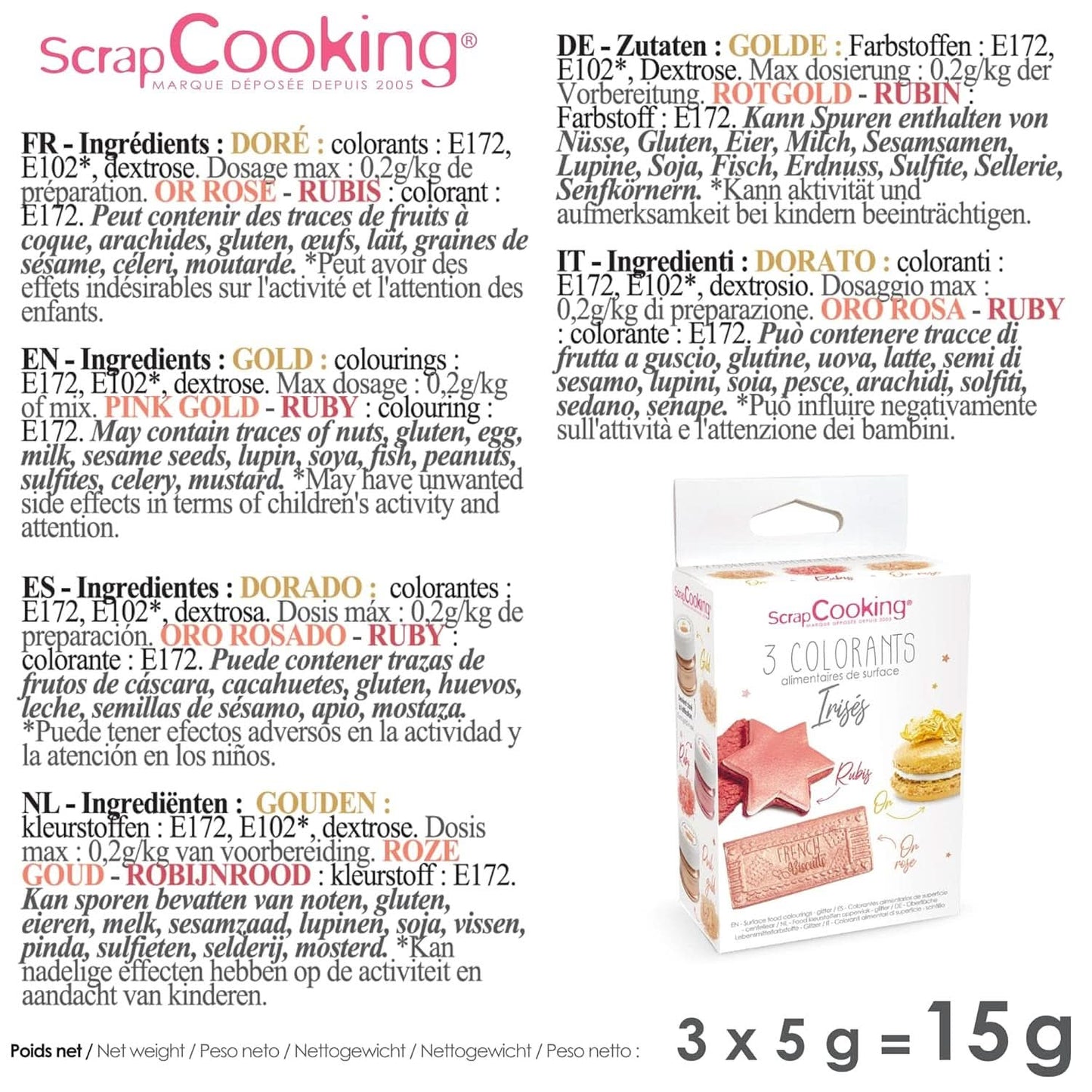 ScrapCooking, Set mit 3 Lebensmittelfarben, Gold, Roségold und Rubin, Metallic-Töne, 3 x 5 Gramm Naty Shop