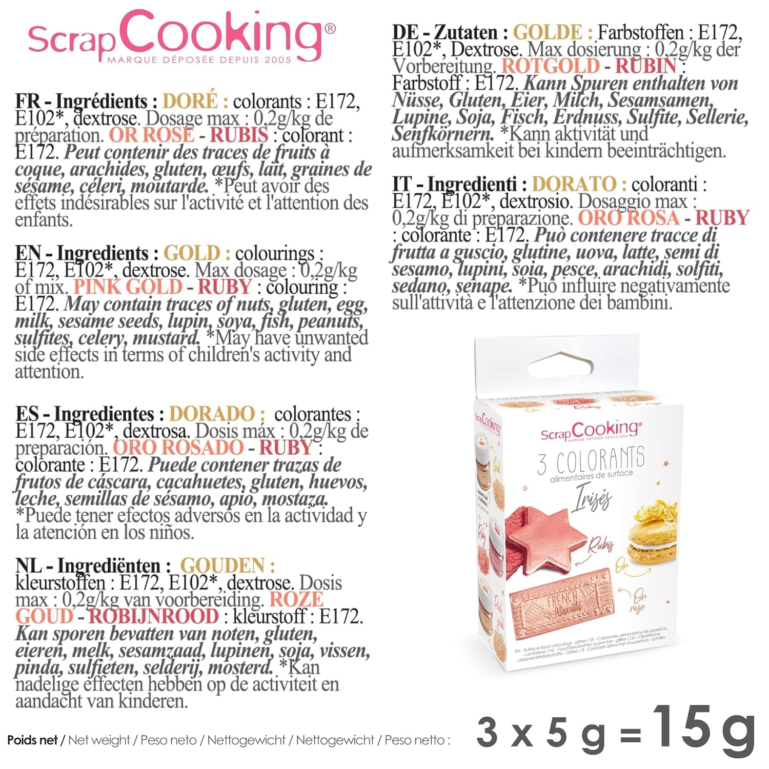 Scrapcooking – Set mit 3 metallischen Lebensmittelfarben – Lebensmittelfarbe: Gold, Roségold und Rubin – essbare Lebensmittelfarbe zum Backen, Kuchen, Kekse, Kuchen, Schokolade – 4019