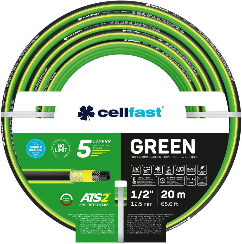 Gartenschlauch Cellfast GREEN ATS2, langlebig, flexibel, 5-lagig, ATS2-Kreuzgeflecht, UV- und algenbeständig, schwermetallfrei, 30 bar, -20/+60°C kurzzeitig, 3/4", 20m