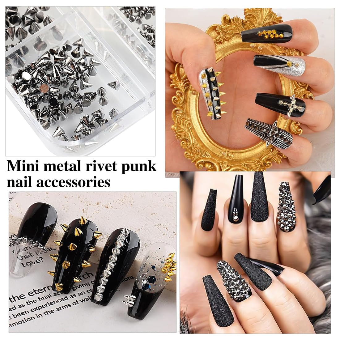 Mini Metall Nieten Punk Nail Charms Gold Silber Strasssteine ​​​​Nägel Charm Kegel Spikes Nagelschmuck Glitzersteine ​​​​Nail Art Studs Nagel Steine ​​​​Legierung Nagelanhänger Rhinestones Nageldesign Zubehör