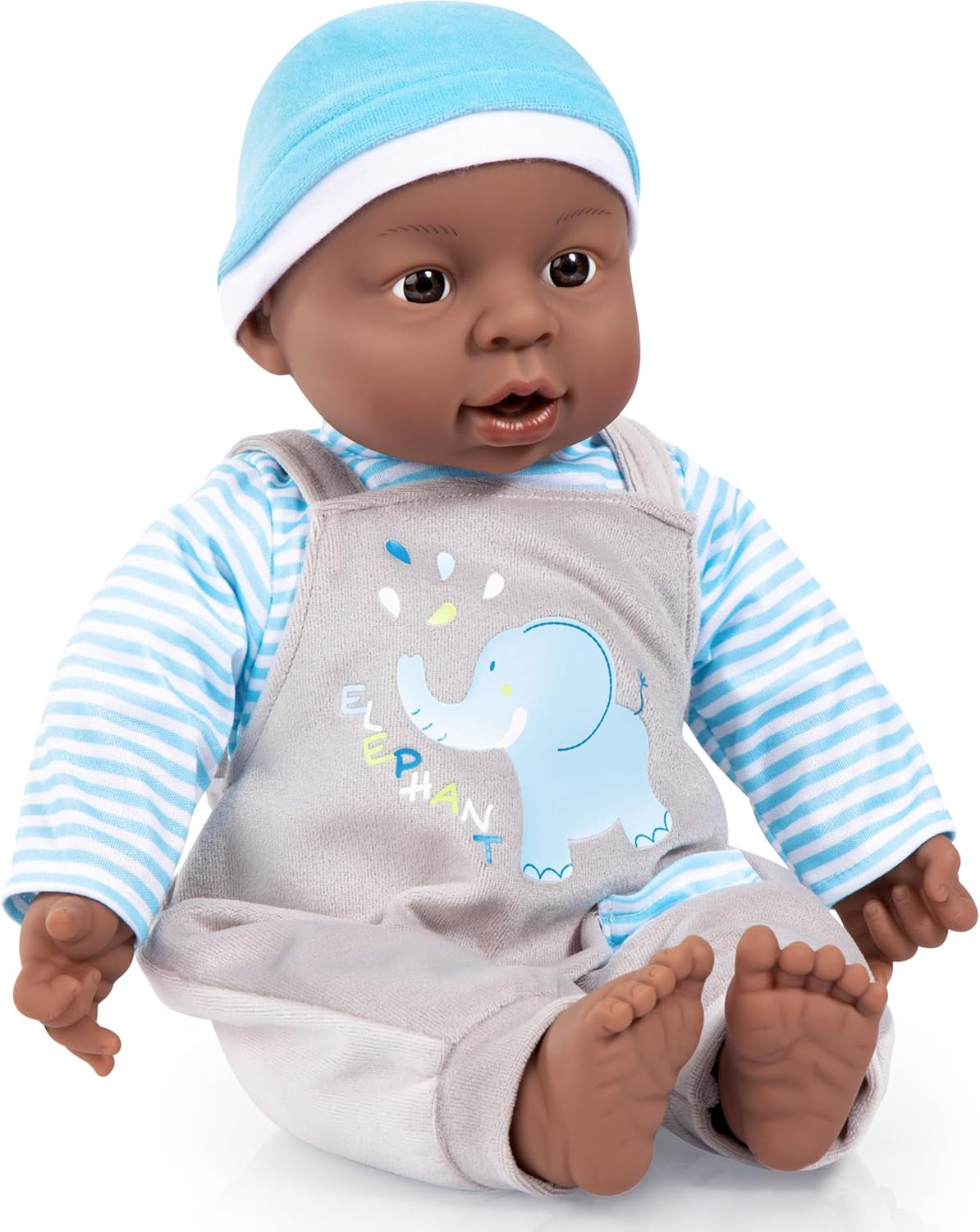 Bayer Design 94001AH Interaktive Babypuppe, Junge, sprechend, weicher Körper, 40 cm, dunkles Leder, blau