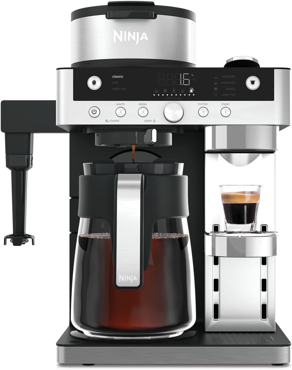 Ninja Prestige 2-in-1-Filterkaffeemaschine mit Kapseln und integriertem Milchaufschäumer, für Latte, Eiskaffee und Flat White, Schwarz CFN802EU
