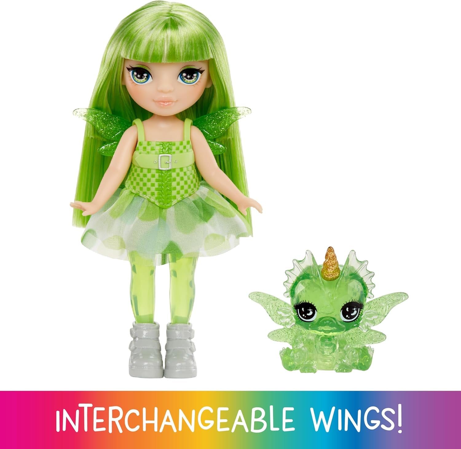 Rainbow High Littles Regenbogen-Fantasie-Fee und Haustier – Smaragd, Grün – 14 cm bewegliche kleine Fantasy-Drachenpuppe mit austauschbaren Feenflügeln, süßes Geschenk für Kinder ab 4 Jahren