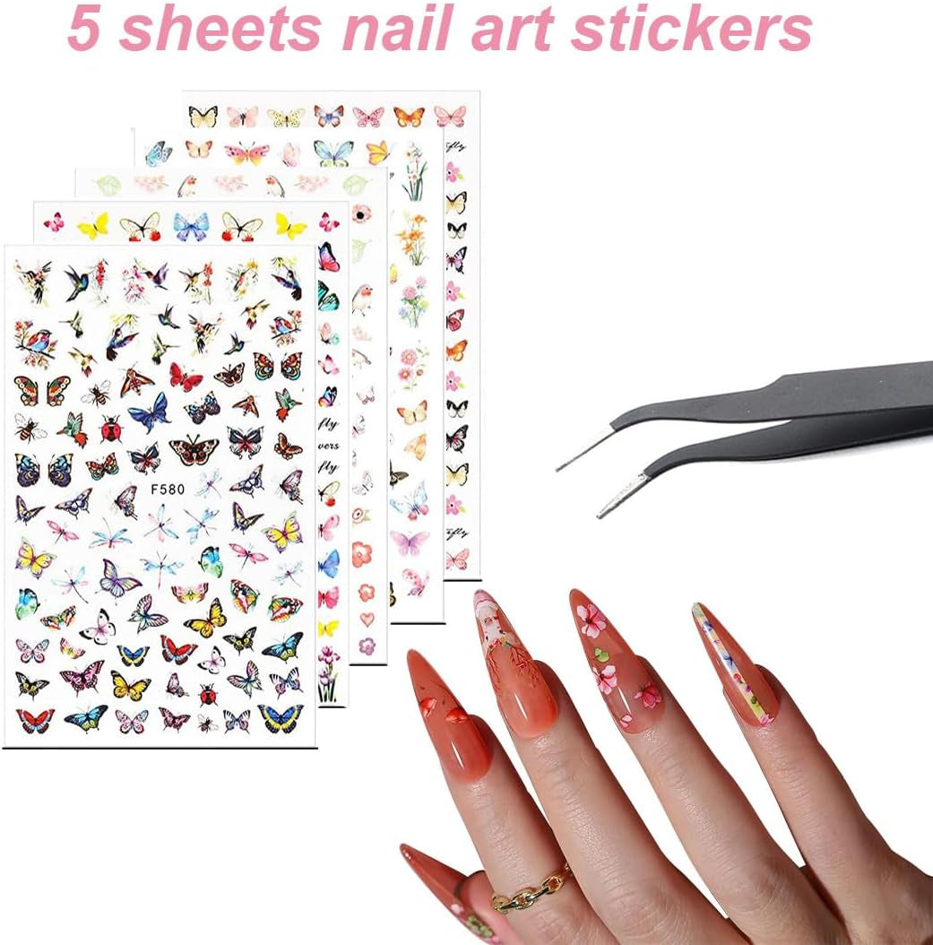 Set mit Nagelaufklebern und Zubehör – 5 Nagelaufkleber, Pinsel, Steine, Zierband, Goldfolie – perfekt für Maniküre und Gelnägel – 50-teiliges Set