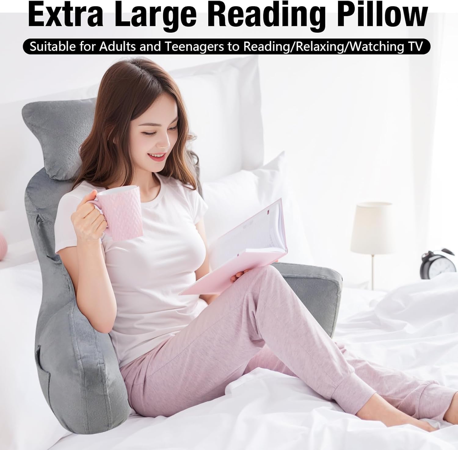 Lesekissen für Erwachsene im Bett, 90 x 80 cm (B x H), extra große Rückenlehne zum Lesen mit abnehmbarer Nackenstütze und Stützarm, bequemes Lesekissen für Bett, Sofa oder Bodenrückenlehne