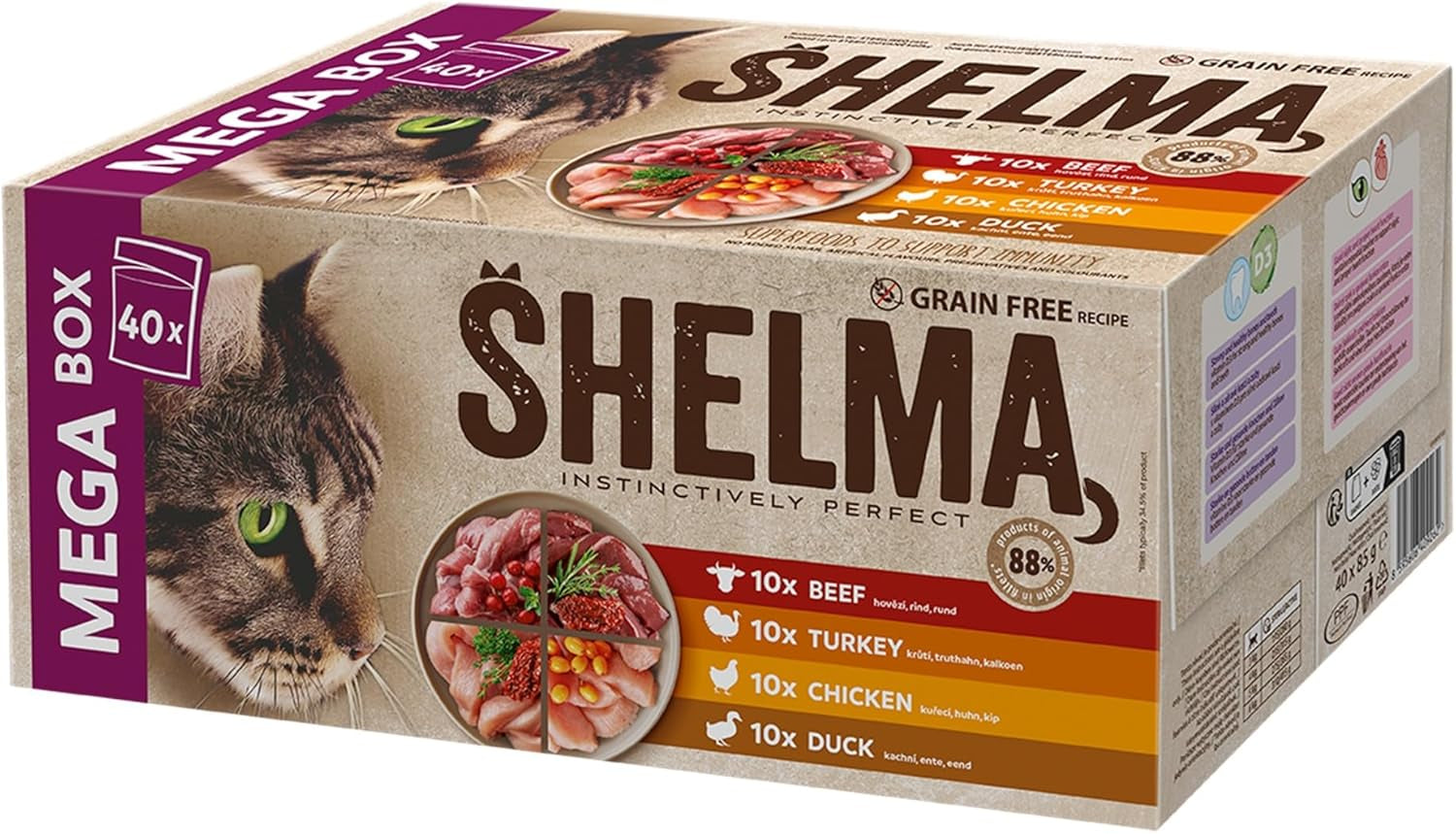 Shelma Nasses Katzenfutter Megapack mit Rind, Truthahn, Huhn und Ente – getreidefreies Vollfutter mit hohem Fleischanteil – 40 x 85 g (3,4 kg)