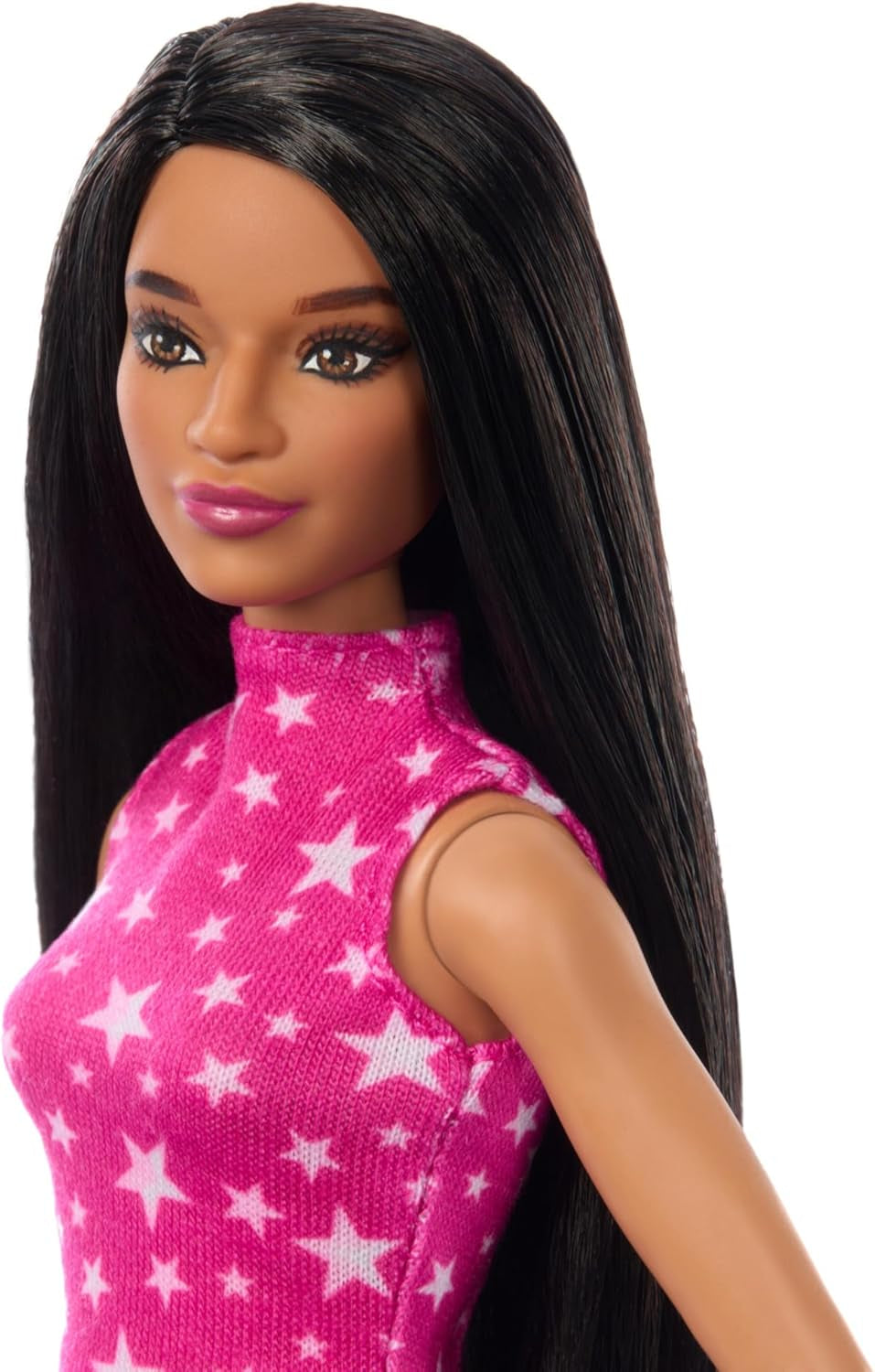 Barbie Fashionistas Puppe Nr. 215 mit glattem schwarzen Haar, rosafarbenem Sternmuster-Oberteil und schillerndem Rock, Sammler-Modepuppe zum 65. Geburtstag HRH13 Naty Shop Dolls