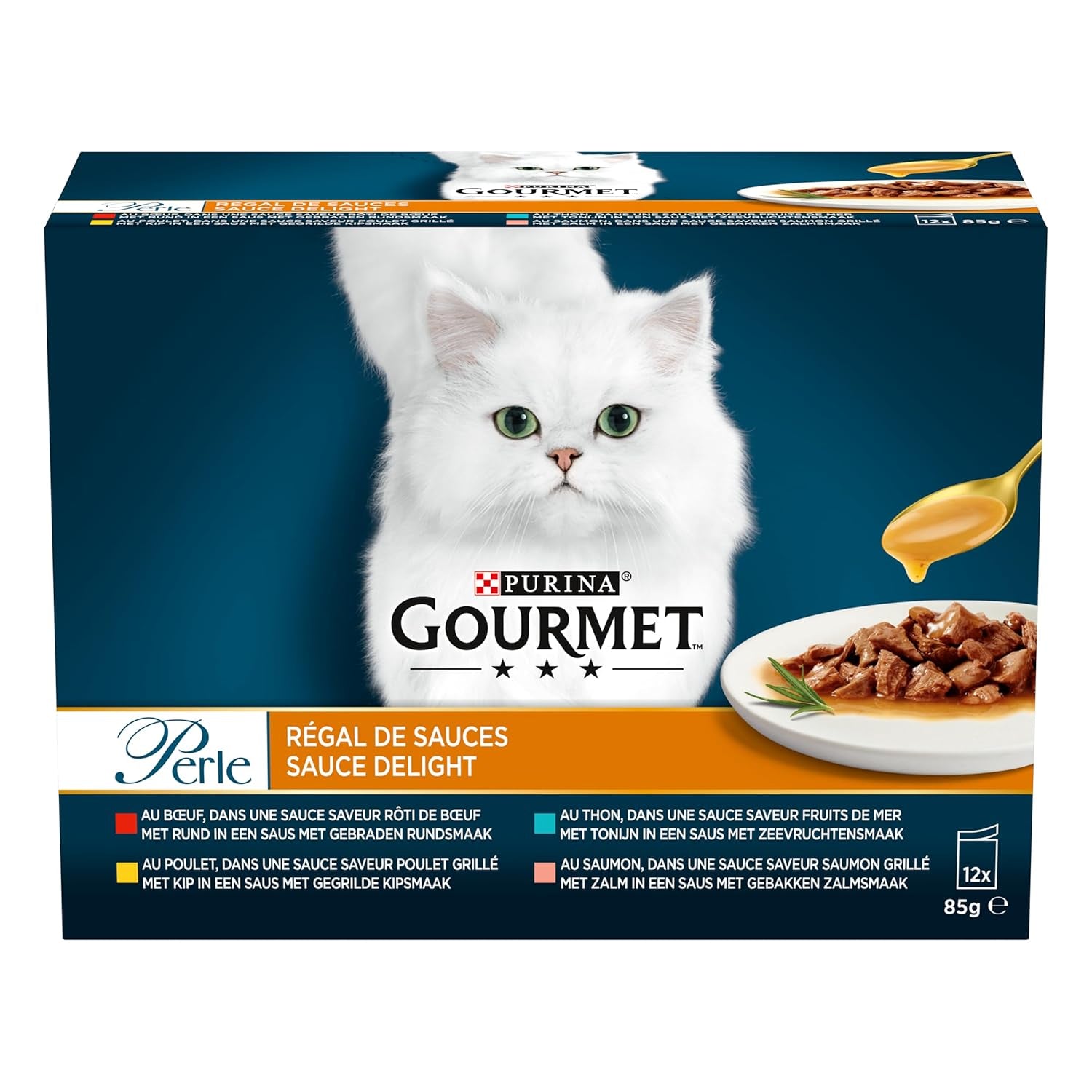 Perle | Saucenhalter | Erwachsene Katze | Rindfleisch, Huhn, Thunfisch, Lachs | 12 x 85g | Frischebeutel (Verpackung kann variieren)