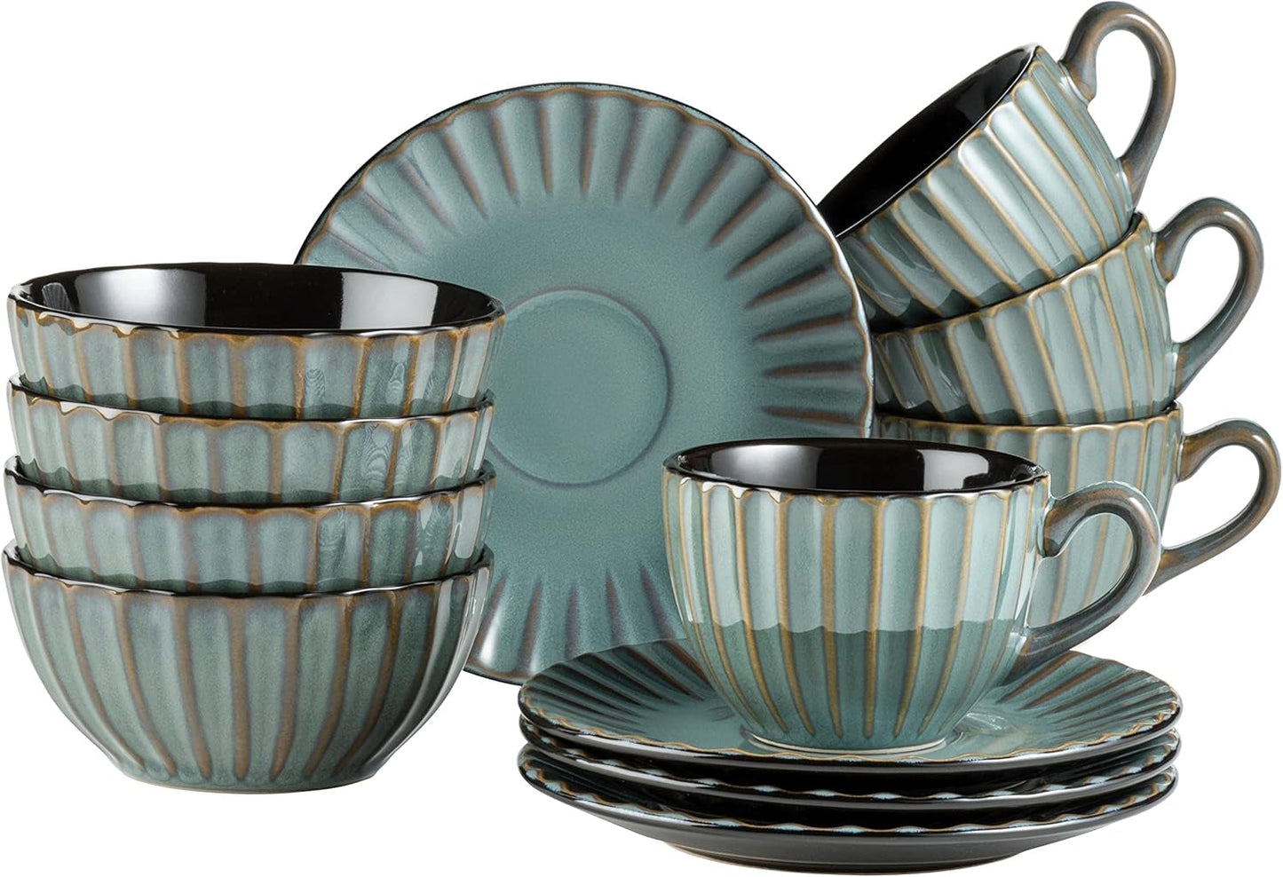 MÄSER 931966 Tafelservice der Confino-Serie für 4 Personen, moderner Vintage-Look, Frühstücksset aus Keramik, 12-teilig, Petrol mit schwarzen Akzenten, Steingut