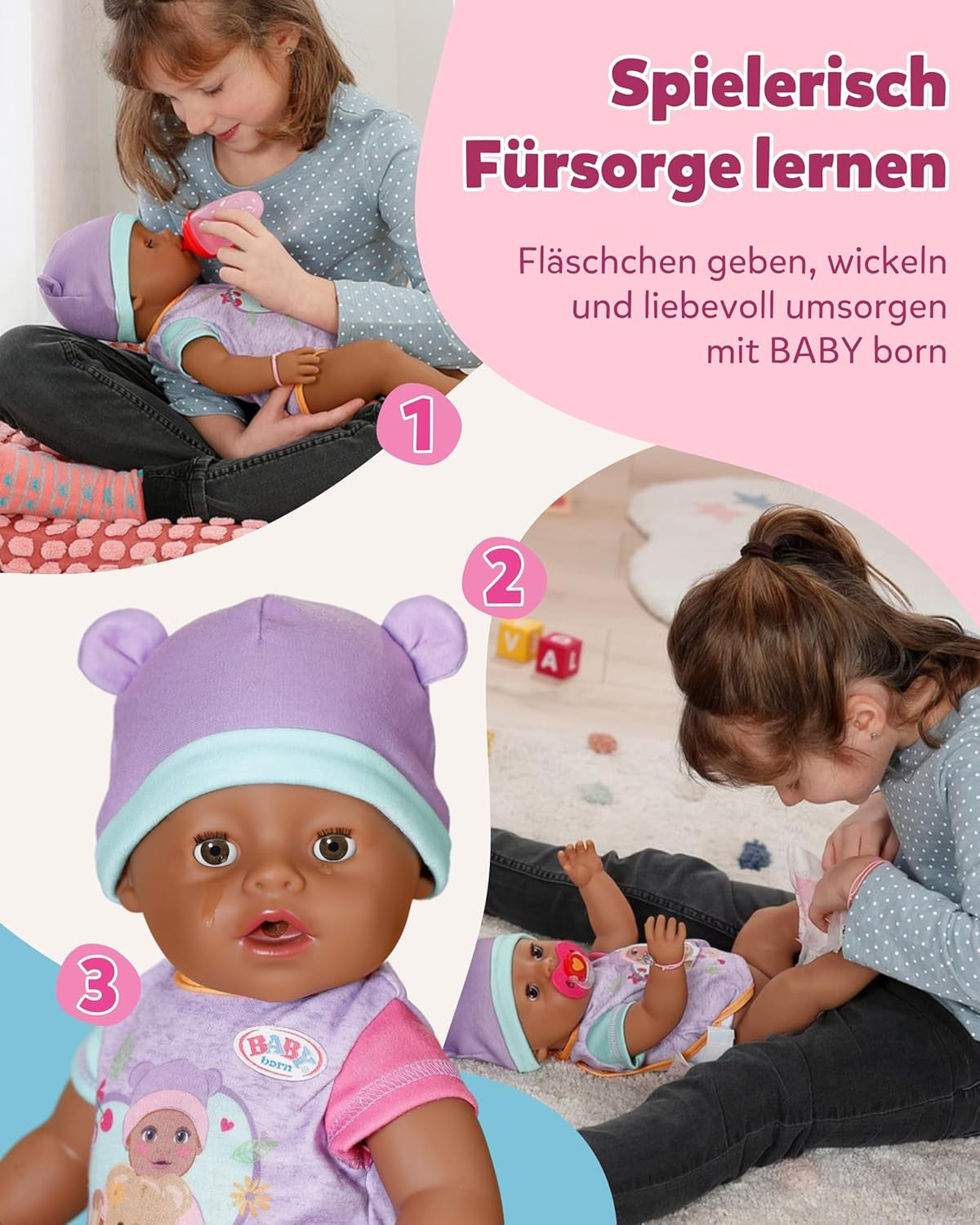 BABY Born Eva – Babypuppe 43 cm – 10 Funktionen inklusive Zubehör und Matratze – Funktioniert komplett ohne Batterien – Geeignet für Kinder ab 3 Jahren