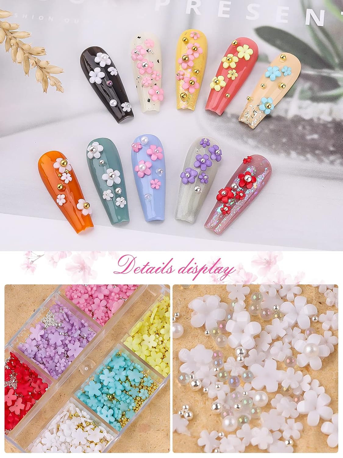 Kalolary Blumen Nail Art Charms, 3D-Acrylblumen für Nägel, fünf Blütenblätter, florale Ornamente, Nageledelsteine, Strasssteine, gemischte Metallperlen für DIY Nail Art Design, Schmuckherstellung (2 Boxen)