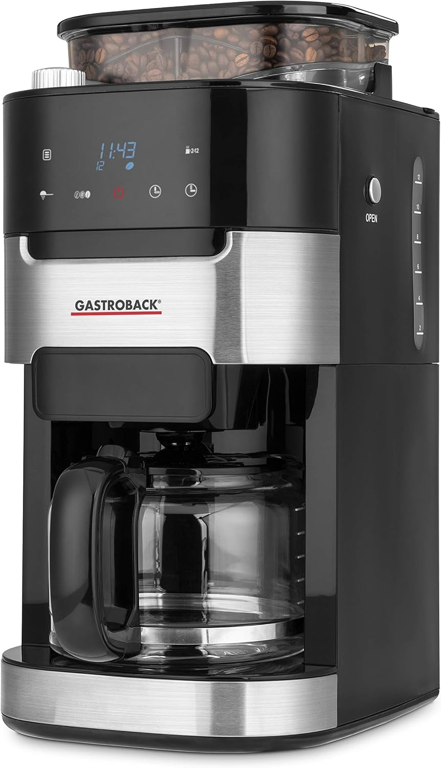 GASTROBACK 42711 Grind & Brew Pro Kaffee-Espressomaschine, Kaffee-Espressomaschine mit integriertem Filter und Mahlwerk, Kegelmahlwerk mit 8 Mahleinstellungen, LCD-Touchscreen, Kunststoff