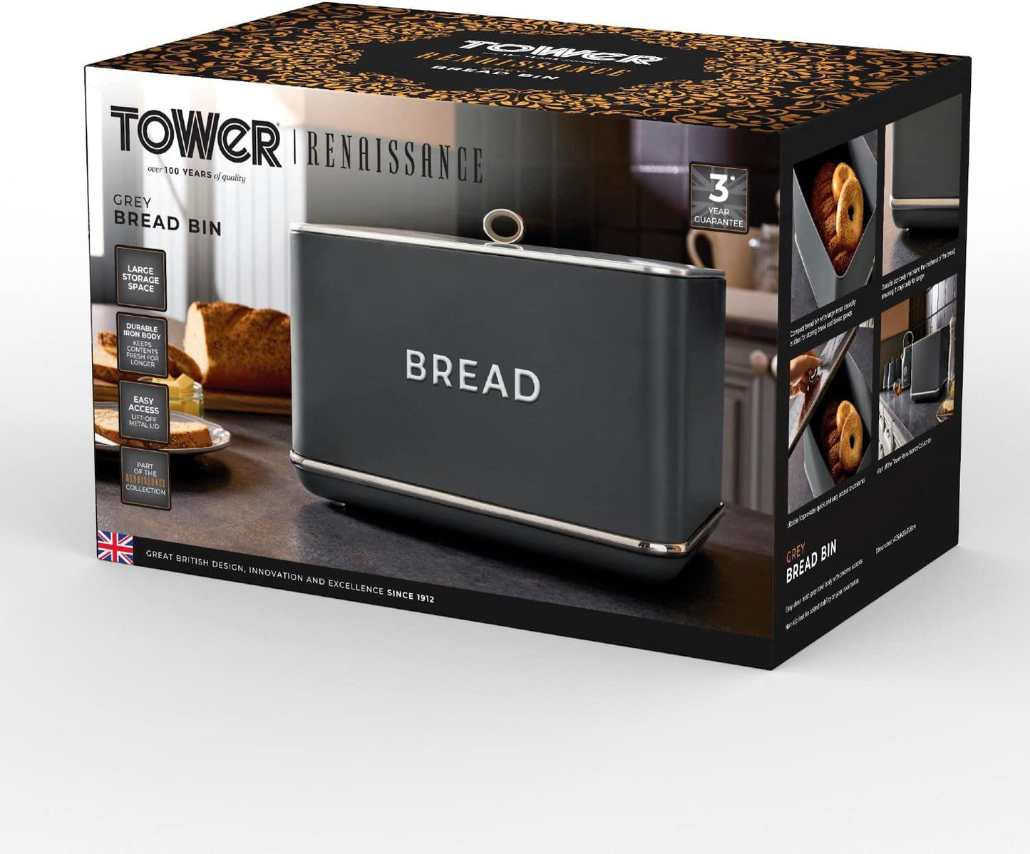 Tower T826175GRY Renaissance-Brotkorb, Fassungsvermögen 16 l, Einzeldeckel, grau Lebensmittelaufbewahrungsboxen Naty Shop