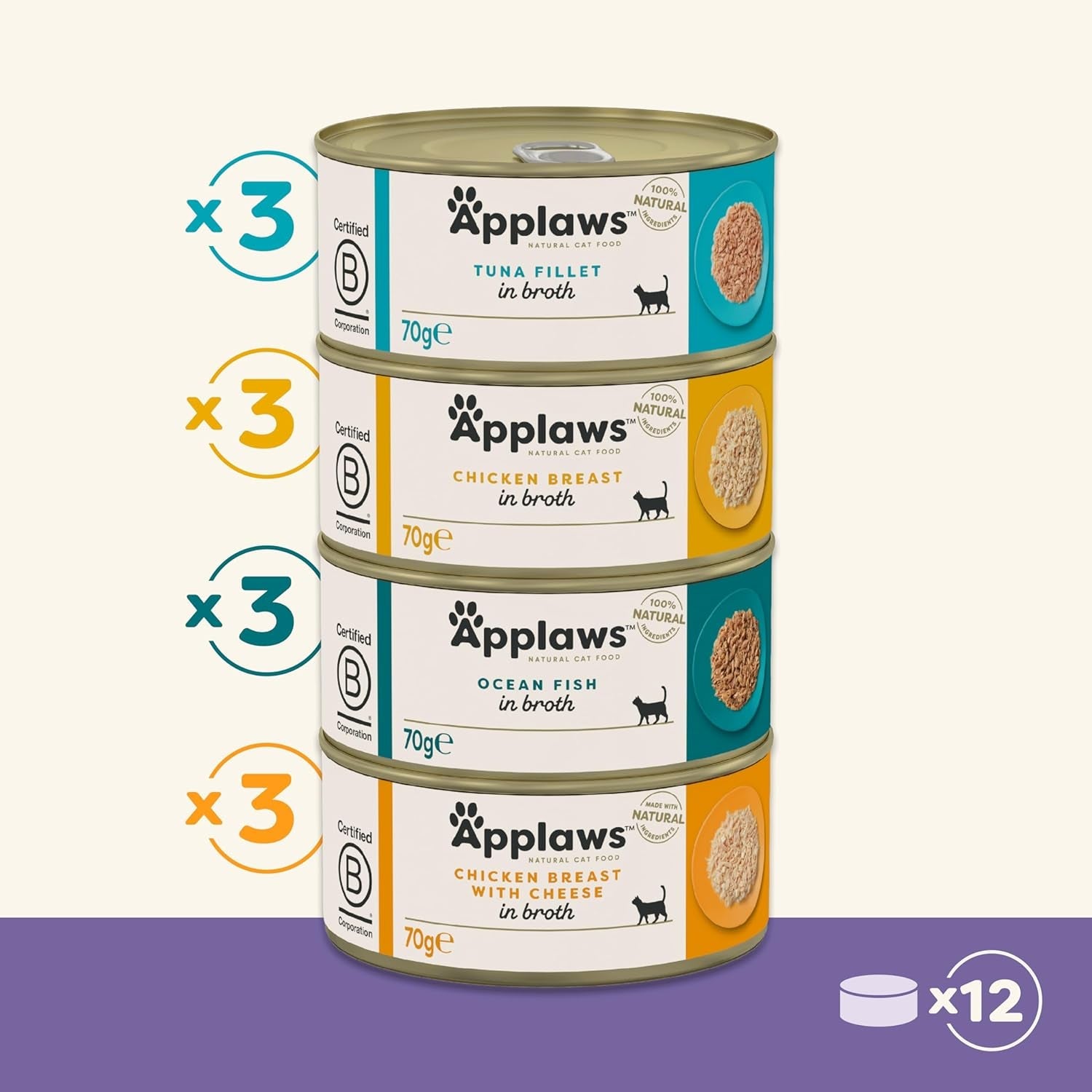 Applaws 100 % natürliches Premium-Nassfutter für ausgewachsene Katzen in Brühe – Thunfisch, Huhn, Meeresfrüchte, gemischte Auswahl in Brühe – Packung mit 12 Dosen x 70 g