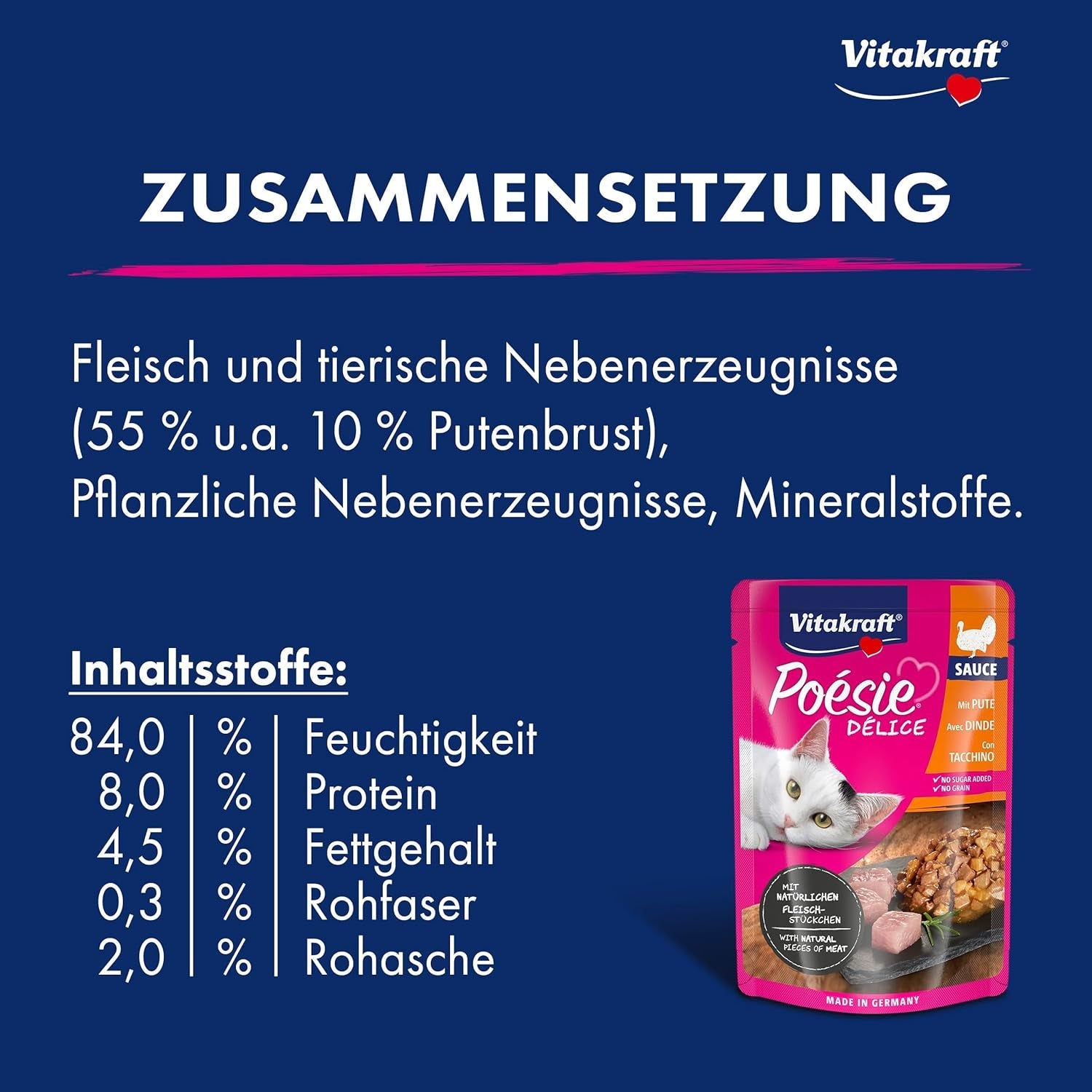 Vitakraft Poésie Délice, Nassfutter für Katzen, Katzenfutter in Soße, mit Truthahn, Großpackung, ohne Zusatz von Zucker oder Getreide (23 x 85g)