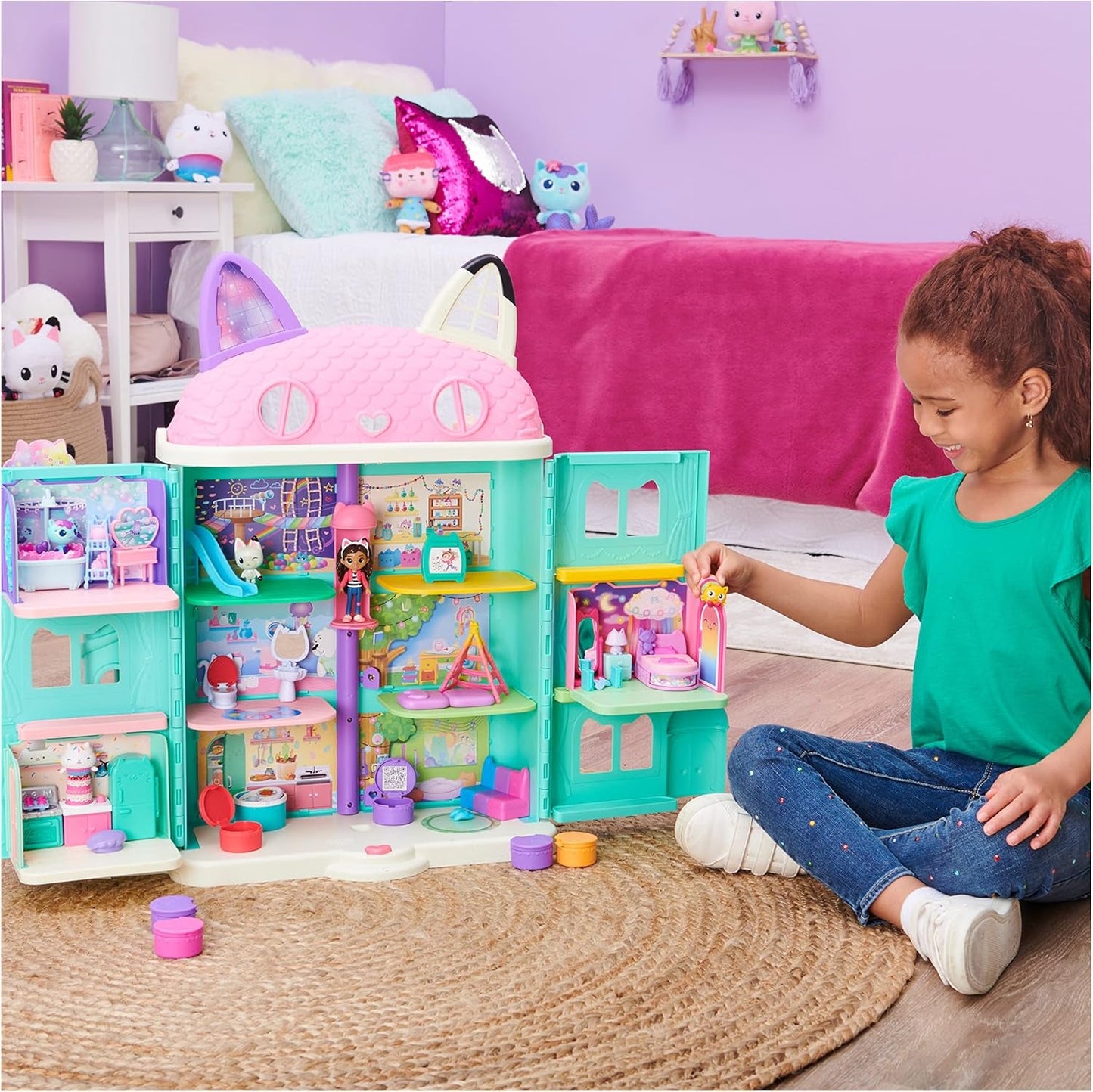 Gabby Dollhouse und Gabby Dollhouse Deluxe Room Sweet Dreams Fluffy Cat Schlafzimmer Kissen Katze und 3 Accessoires 3 Möbelstücke und 2 Überraschungsboxen Geeignet für Kinder ab 3 Jahren