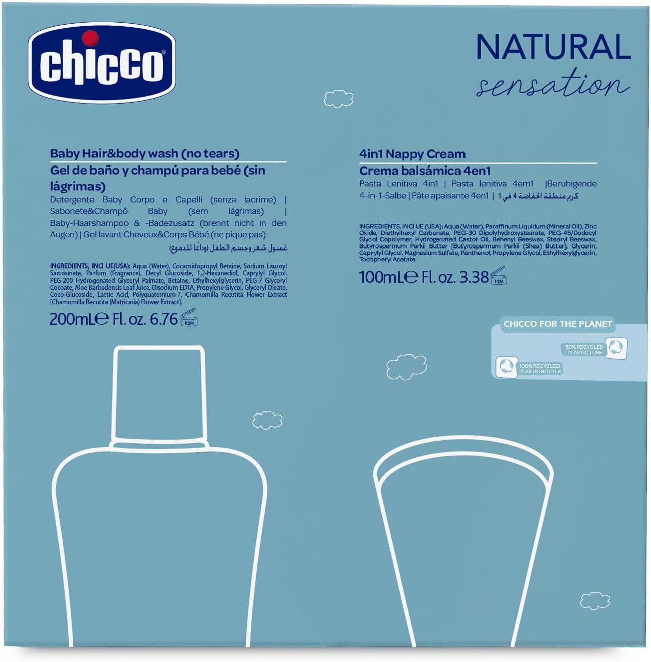 CHICCO NATURAL SENSATION – SET 2: 1 SHAMPOO UND BAD – NICHT TROCKNEND 200 ML, 1 4IN1 CHANGE CREAM 100 ML Kinder – Bade- und Hautpflege Naty Shop