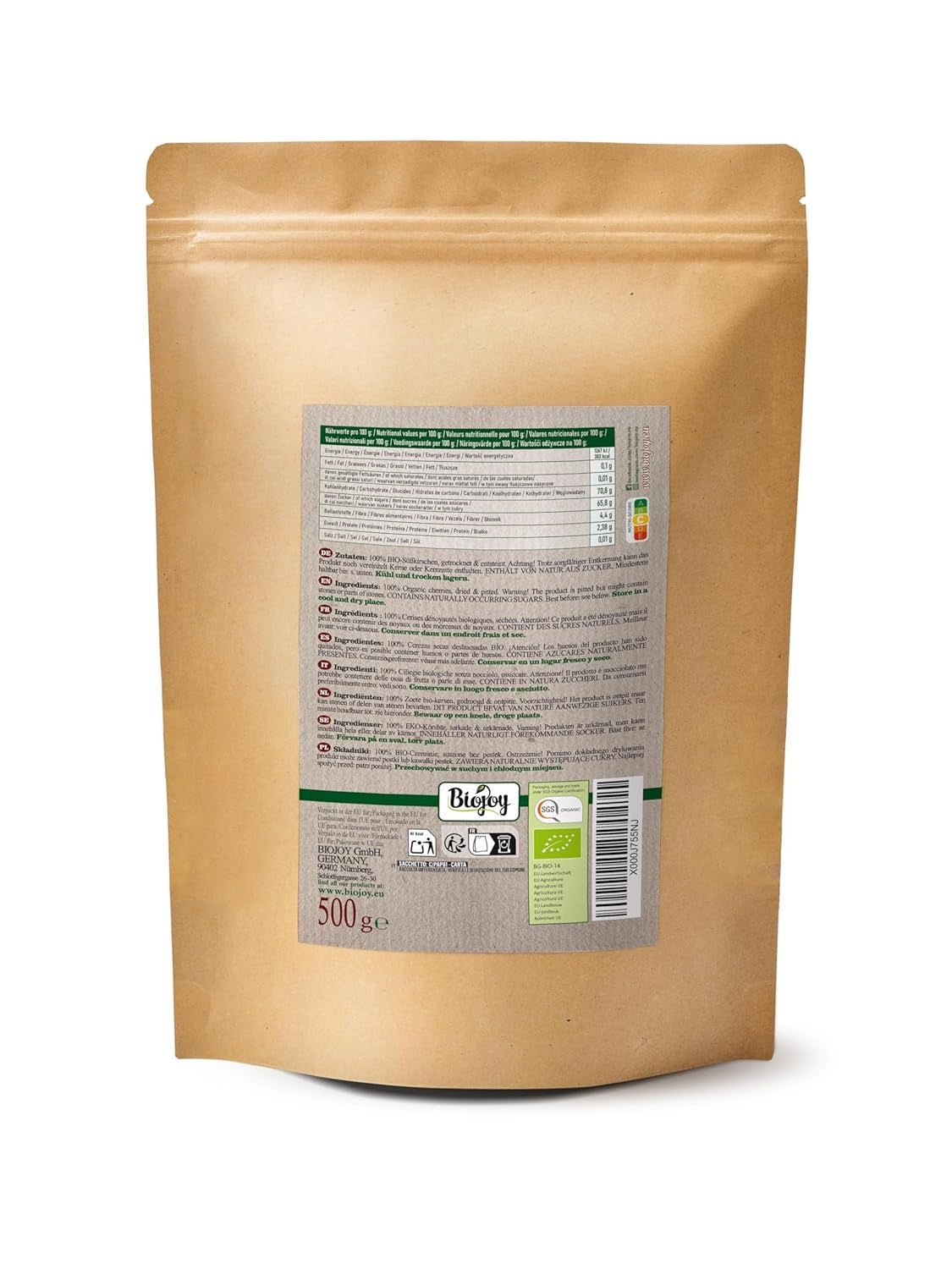 Biojoy getrocknete Süßkirschen (500 g), entkernt und schwefelfrei. Trockenprodukte Naty Shop