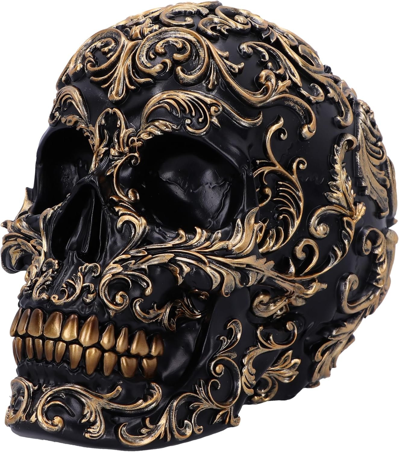 Renaissance-Schädel, 19 cm, Kunstharz, Schwarz und Gold, goldenes Barockmuster, schwarzes Totenkopf-Ornament, gotische Dekoration, gegossen aus feinstem Kunstharz, handbemalt von Experten. Statuetten und Skulpturen Naty Shop