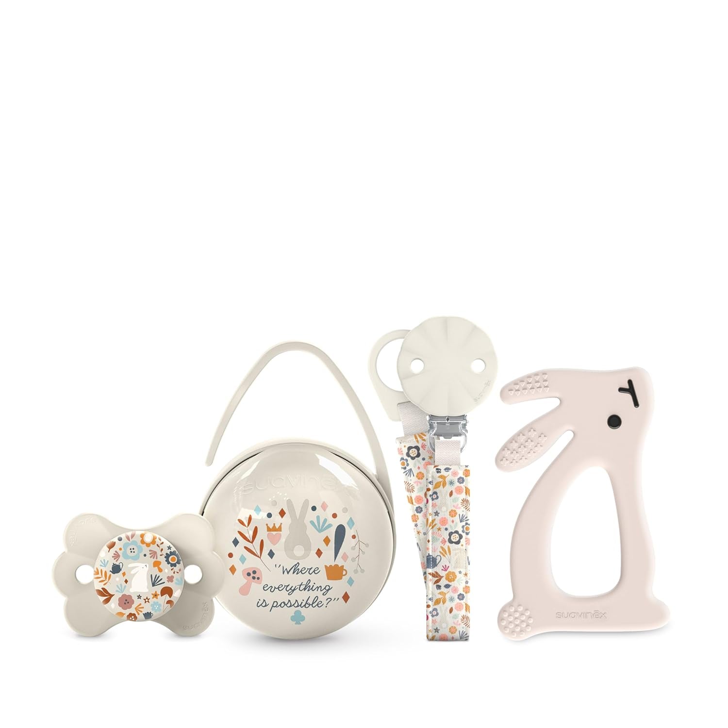 Suavinex-Geschenkset für Neugeborene. 4-teiliges Set bestehend aus: Physiologischer SX Pro-Schnuller für Babys von 0 bis 6 Monaten + Schnullerhalter + Duo-Schnullerhülle + Beißring aus Silikon. Wunderland, beige