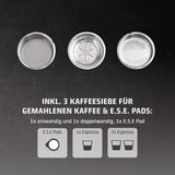 Caso Espresso Gourmet – Siebträger-Espressomaschine aus Edelstahl, leistungsstarke 19-bar-Ulka-Pumpe, mit Milchaufschäumer, für gemahlenen Kaffee oder ESE-Kaffeekapseln, für 2 Tassen, mit Tassenwärmer
