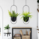 Hängende Blumentöpfe aus Metall, 2 Stück, schwarz, ovaler geometrischer Pflanzenaufhänger mit Töpfen, moderner Wand- und Deckenpflanzer für drinnen und draußen, 15,2 cm, Blumentöpfe 2 Stück
