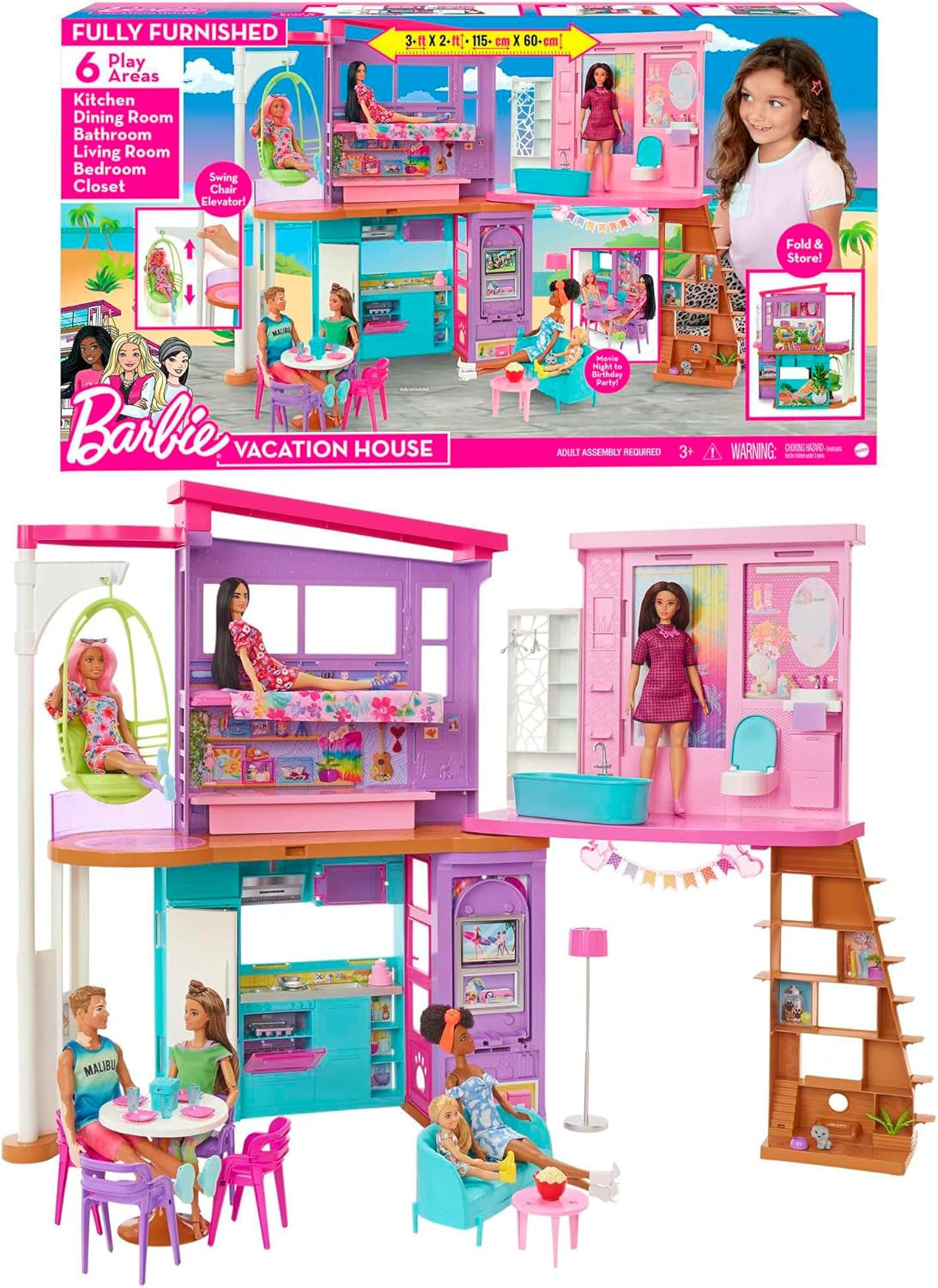 Barbie-Ferienhaus (116 x 77,9 cm), 6-Sitzer-Spielhaus, komplett möbliert mit Zubehör, Möbeln und Aufzug, faltbar und Aufbewahrung, Puppe, Geschenk für Kinder ab 3 Jahren, HCD50
