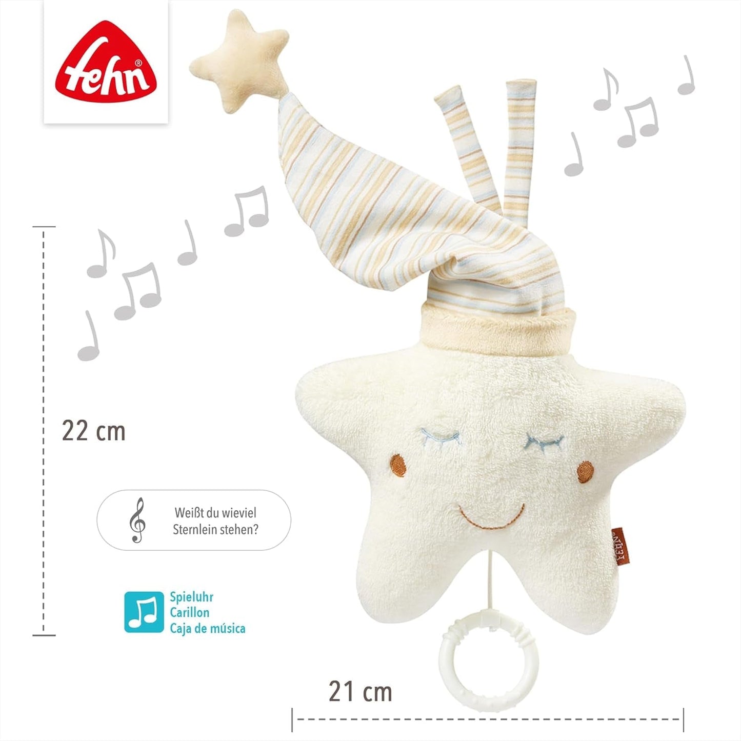 Fehn Spieluhr Baby Einschlafhilfe Stern – Spieluhr mit abnehmbarem Spielwerk zum Aufhängen – Einschlafhilfe Lied „Weißt du wieviel Sternlein stehen“ – Spielzeug für Babys und Kinder ab 0+ Monaten Toys Bebe Naty Shop