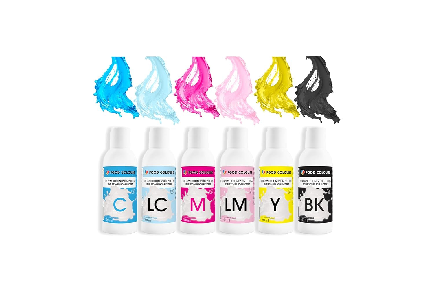 Lebensmittelfarben-Set mit essbaren Tinten für Plotter 6 x 100 ml | Helles Cyan | Cyan | Helles Magenta | | Magenta | Gelb | Schwarz | Essbarer Druck, Oblatenpapierdruck, dekorativer Kuchenbelag