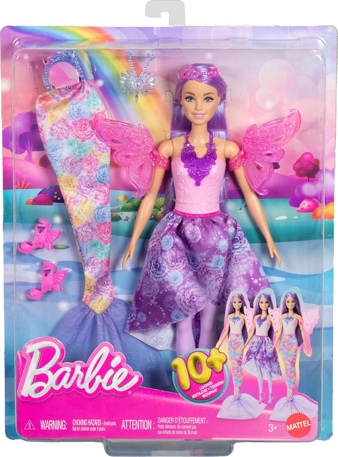 Barbie-Puppen-3-in-1-Spielset mit 8 Zubehörteilen, darunter Meerjungfrauenschwanz, Feenflügel, königliche Halsketten, Schuhe und mehr für mehr als 10 verschiedene Looks, JCP74